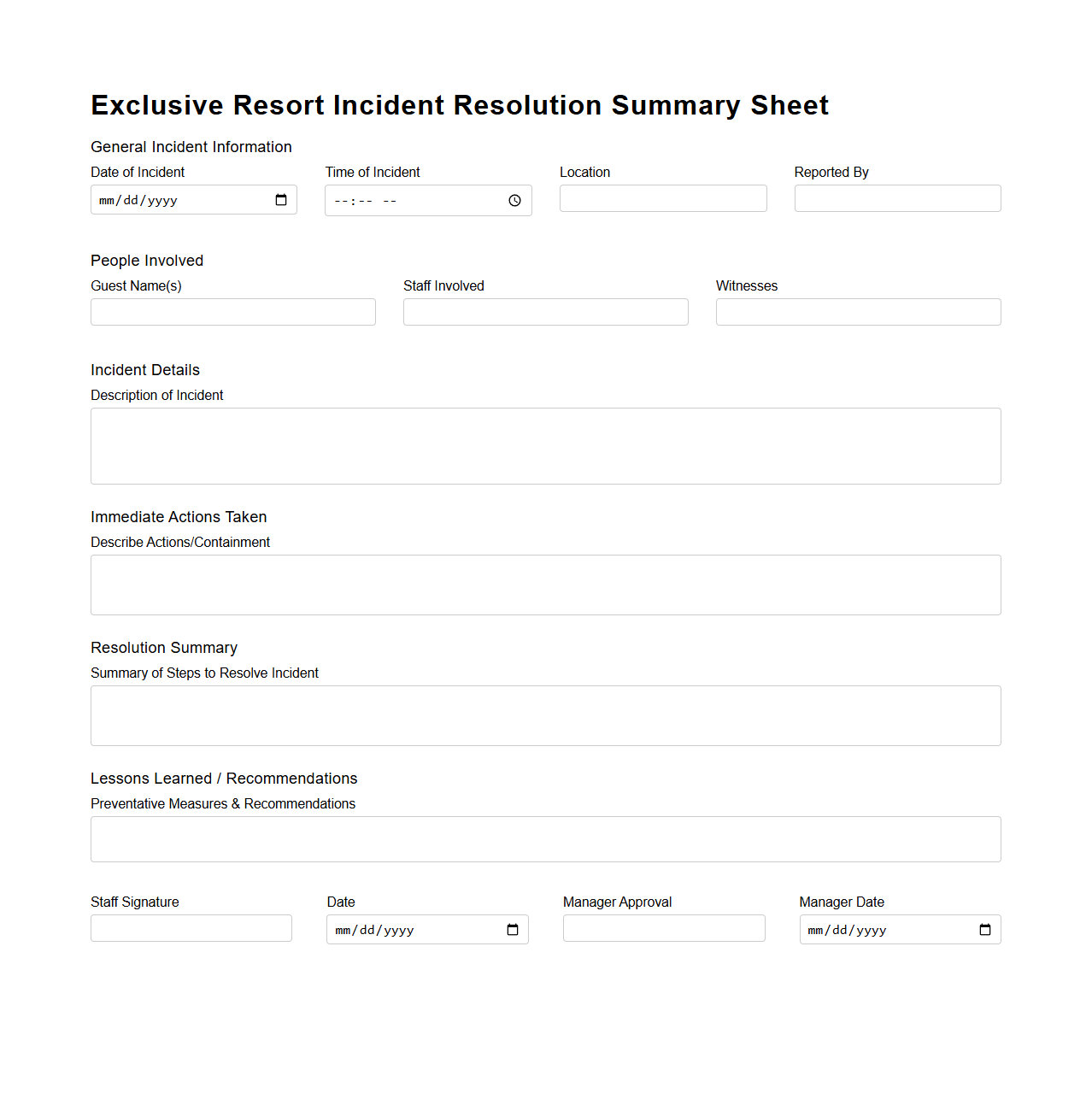 Exclusive Resort Incident Resolution Summary Sheet