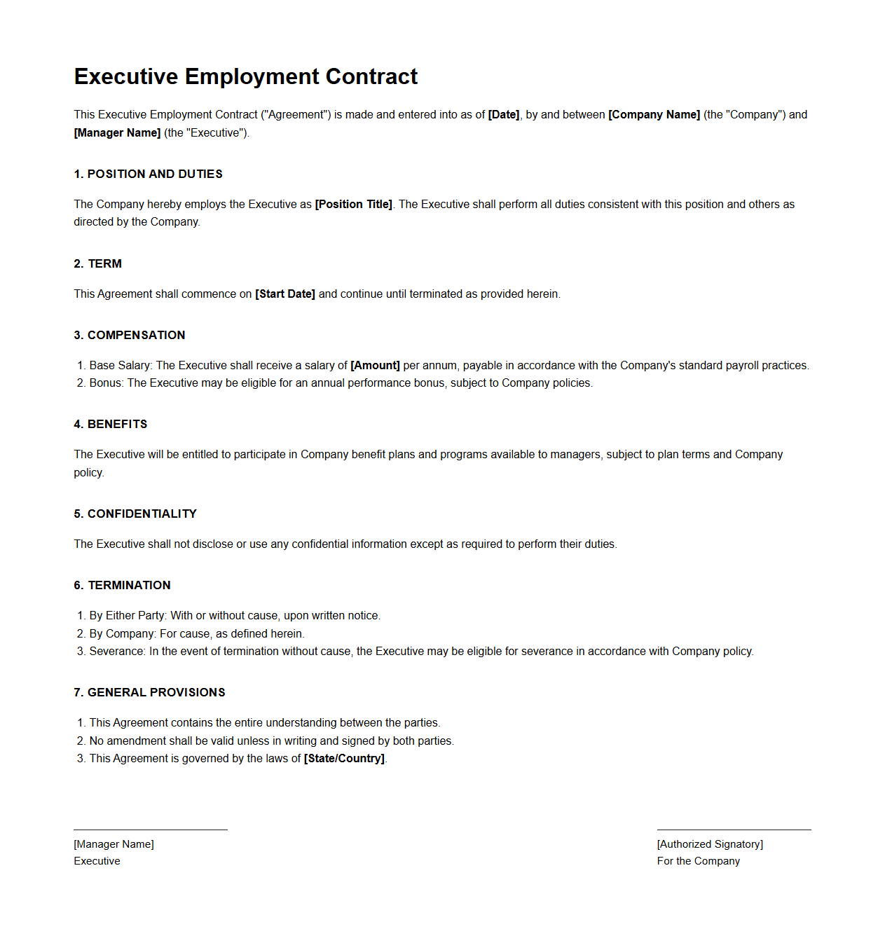 Executive Employment Contract Sample for Newly Appointed Managers