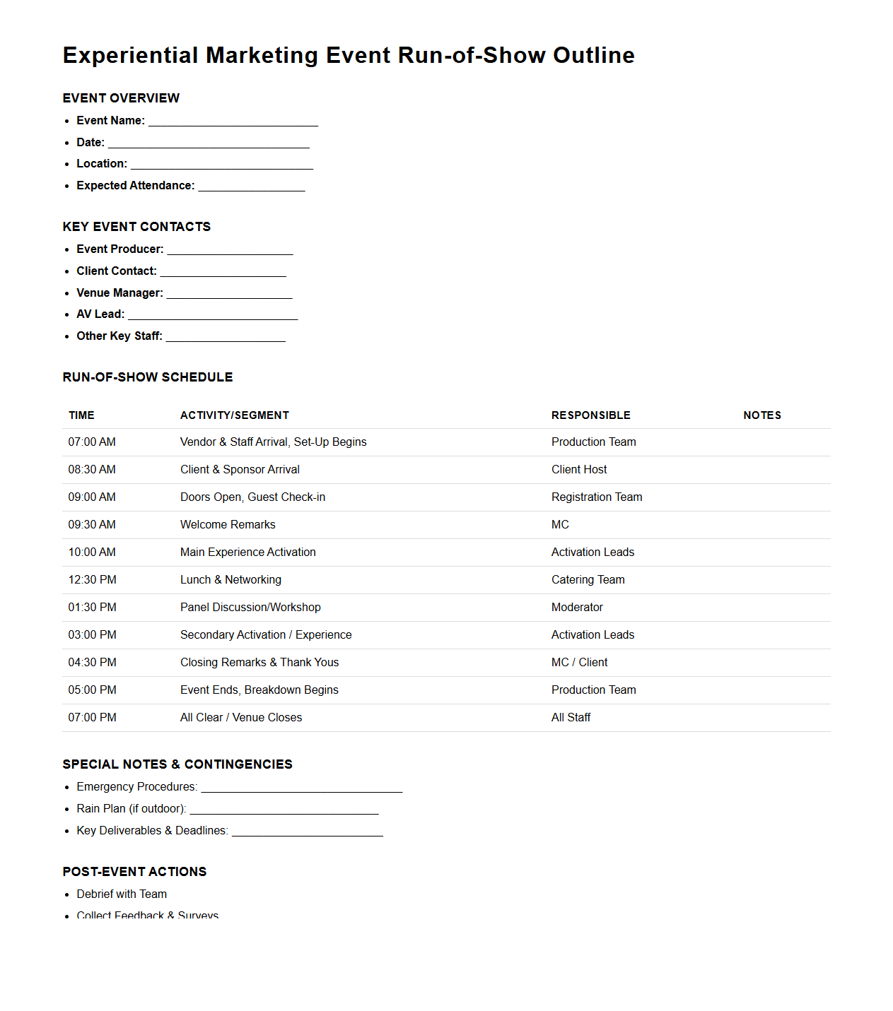 Experiential Marketing Event Run-of-Show Outline
