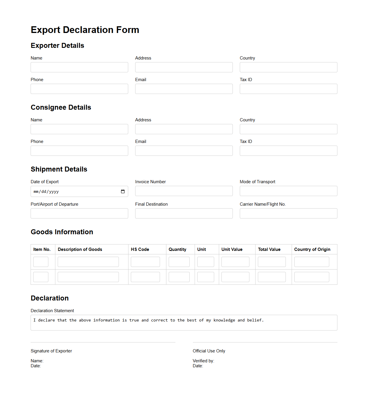 Export Declaration Form Example for International Shipment