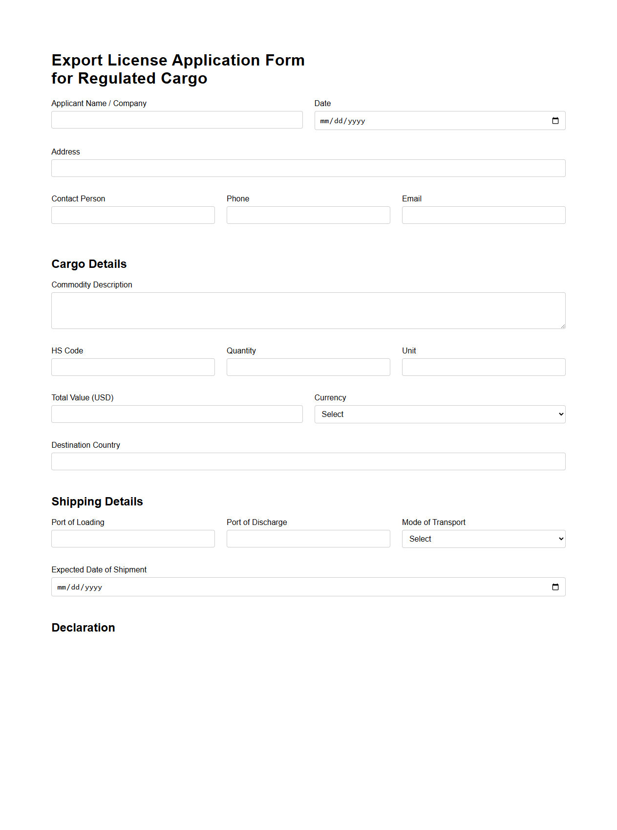 Export License Application Form Template for Regulated Cargo