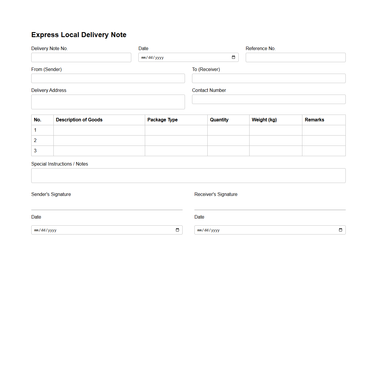 Express Local Delivery Note Form for Quick Shipments