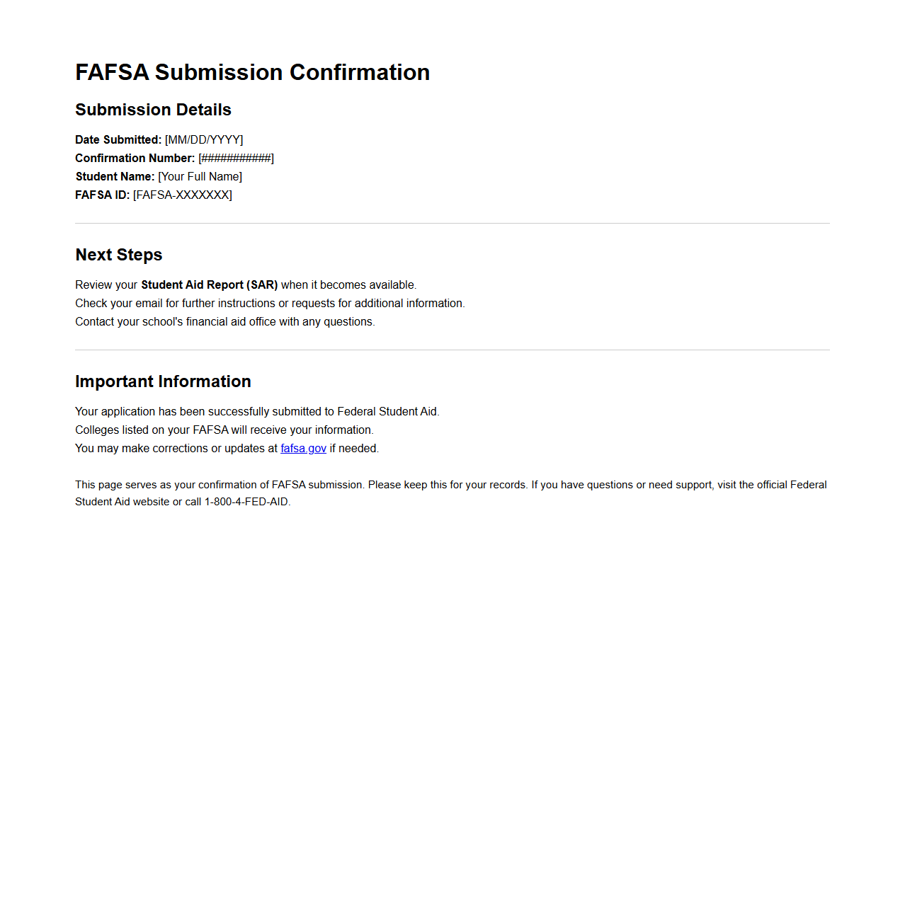 FAFSA Submission Confirmation Sample