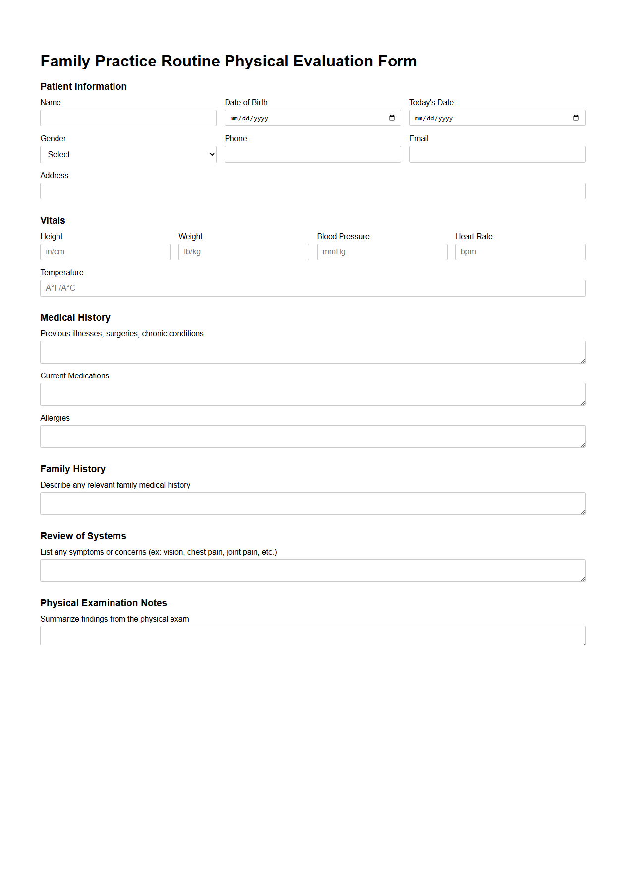 Family Practice Routine Physical Evaluation Form
