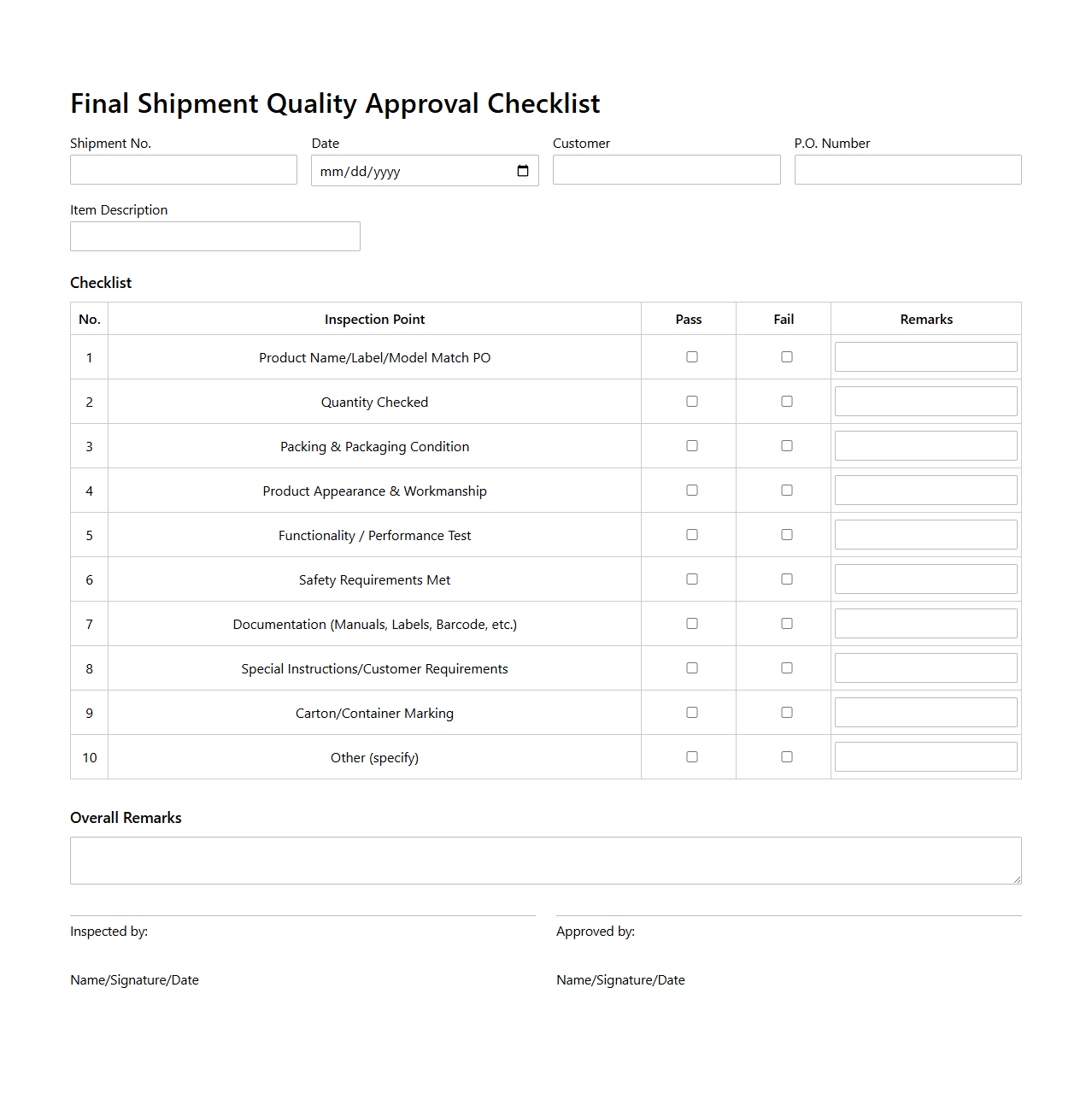 Final Shipment Quality Approval Checklist