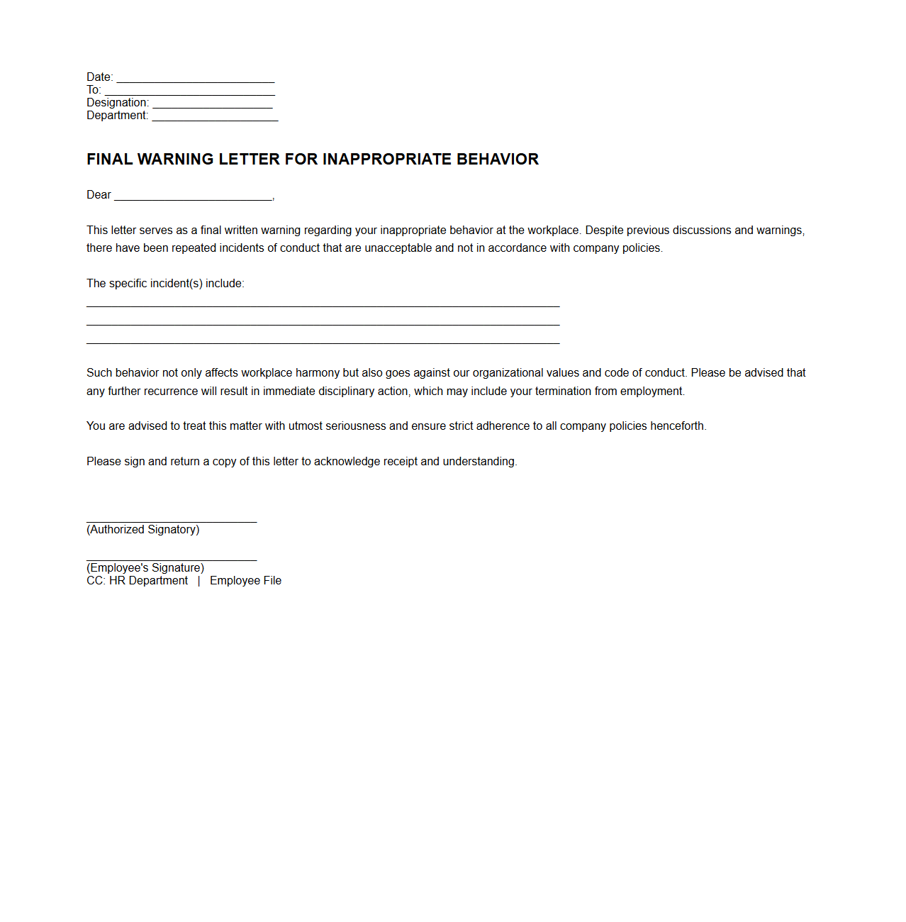 Final Warning Letter for Inappropriate Behavior