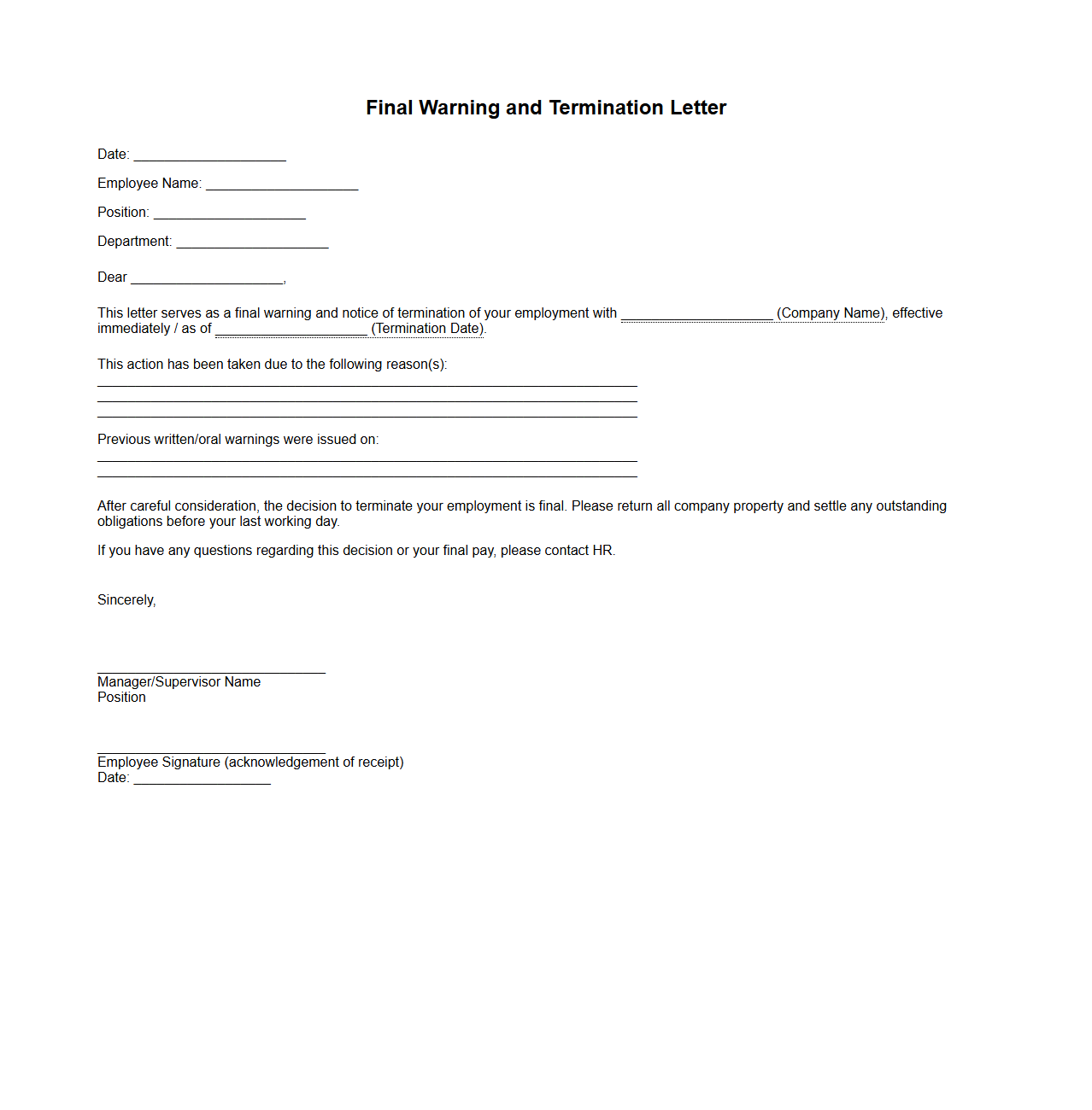 Final Warning and Termination Letter