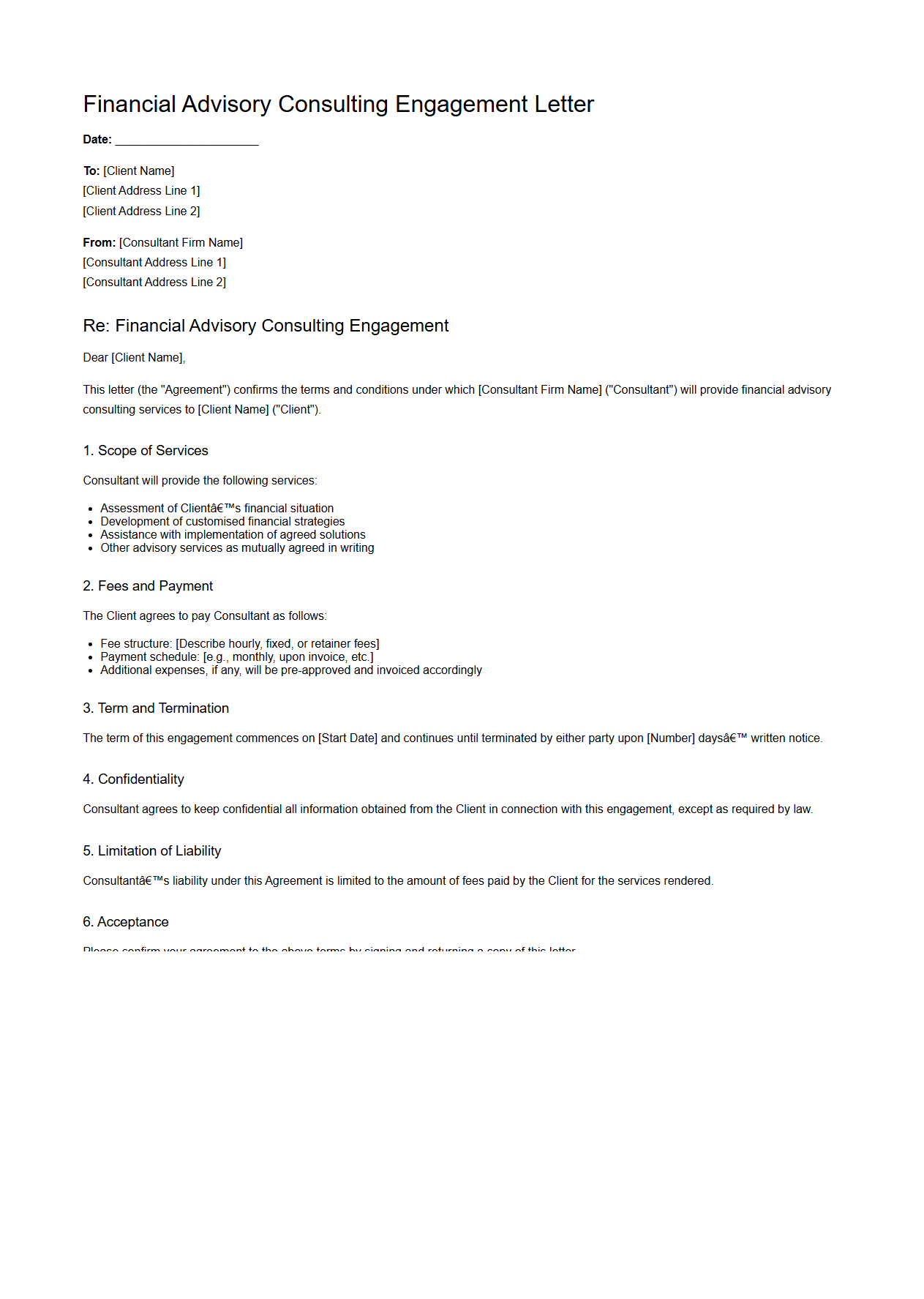Financial Advisory Consulting Engagement Letter Sample