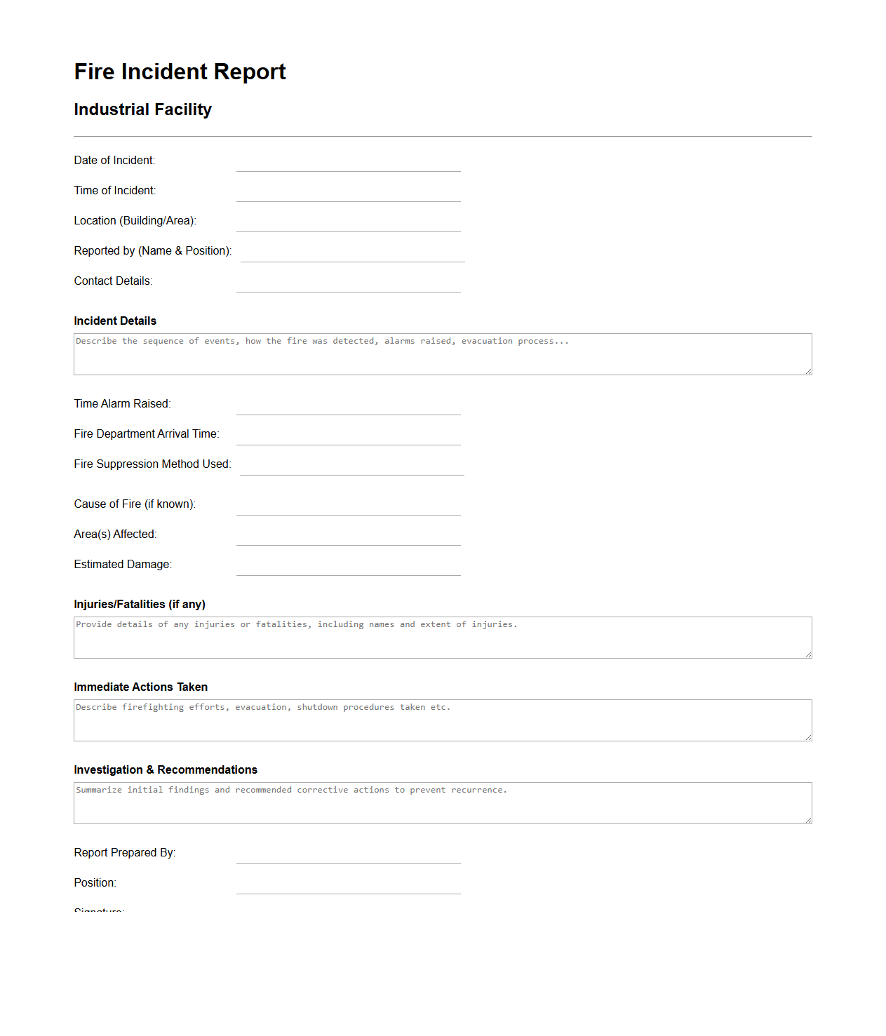 Fire Incident Report Format for Industrial Facilities