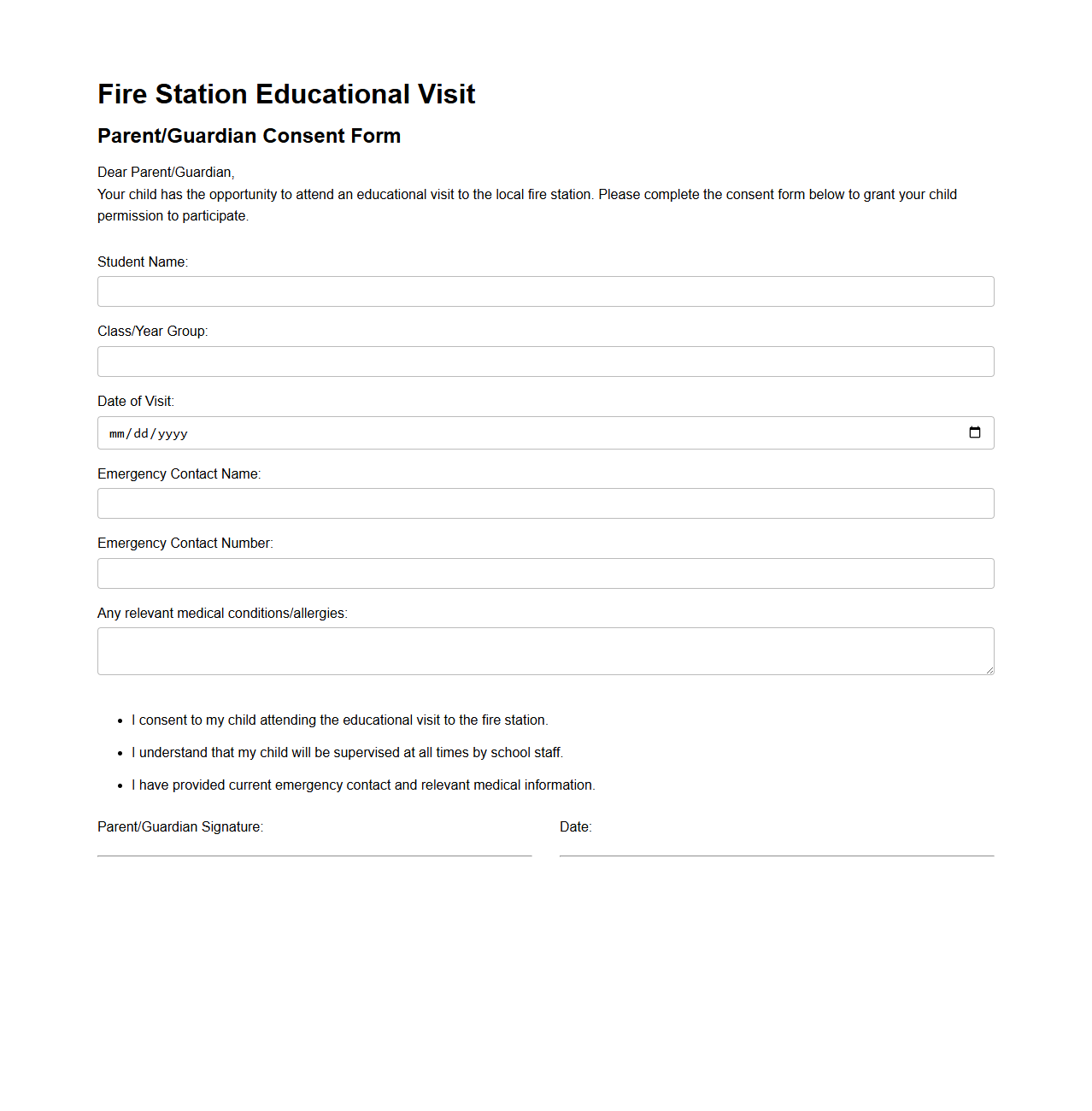 Fire Station Educational Visit Parent Consent Template