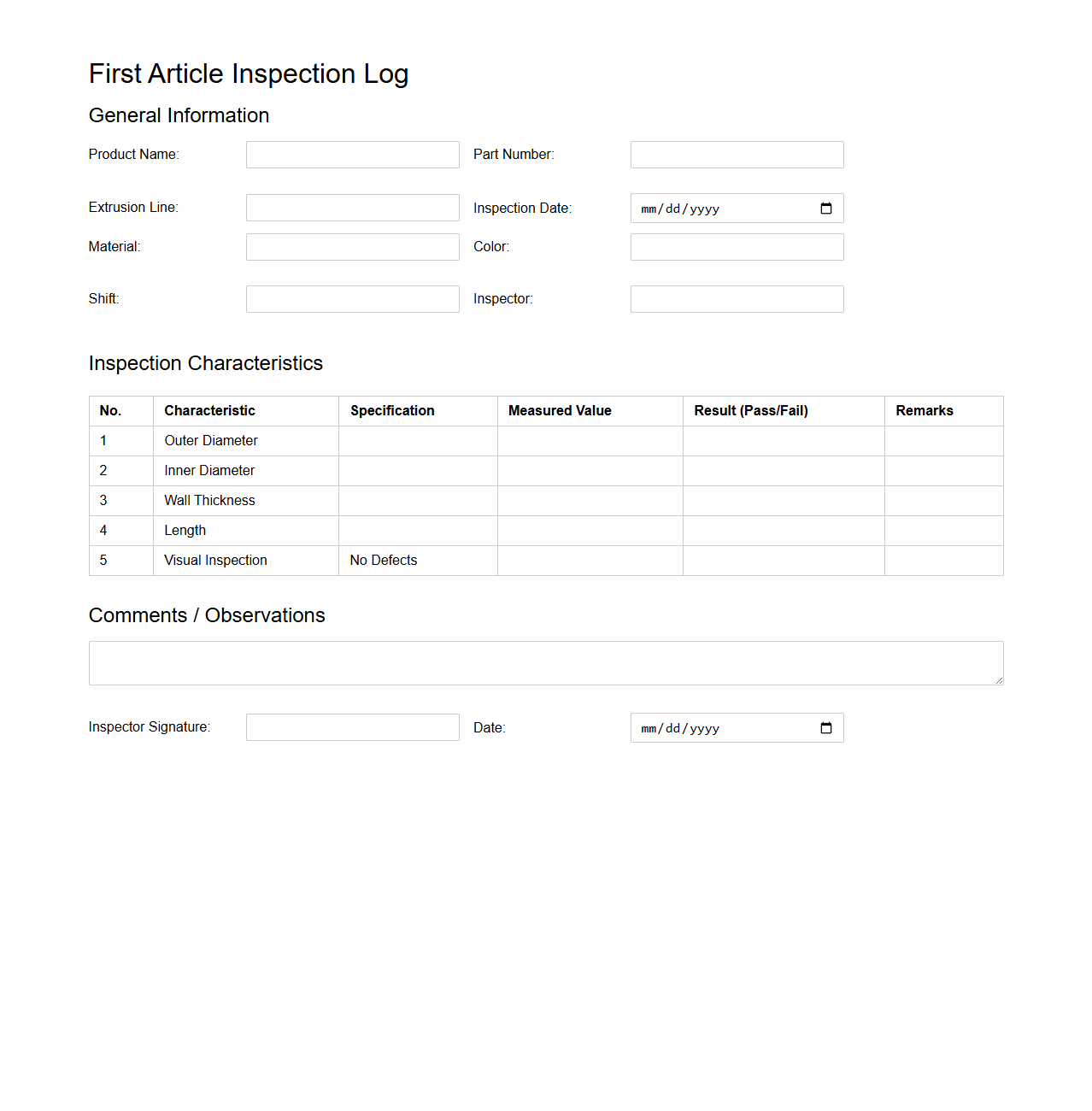 First Article Inspection Log for Plastic Extrusion