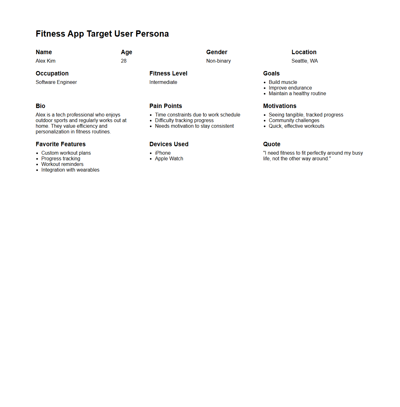 Fitness App Target User Persona Sample