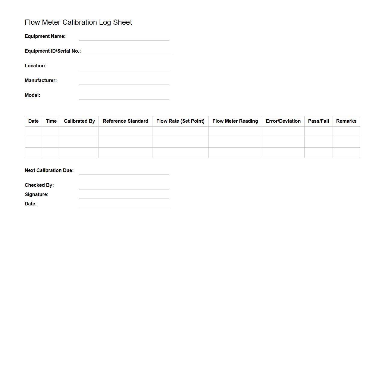 Flow Meter Calibration Log Sheet