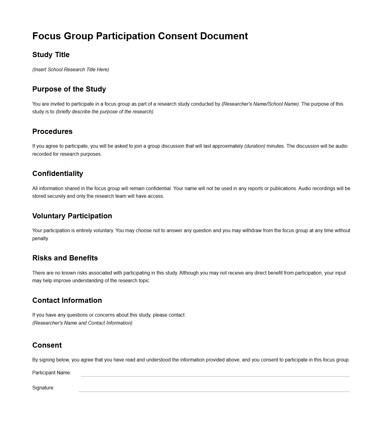Focus Group Participation Consent Document for School Research