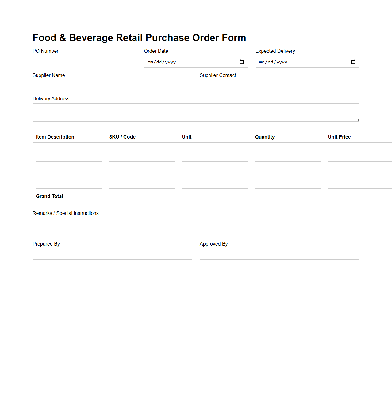 Food and Beverage Retail Purchase Order Form