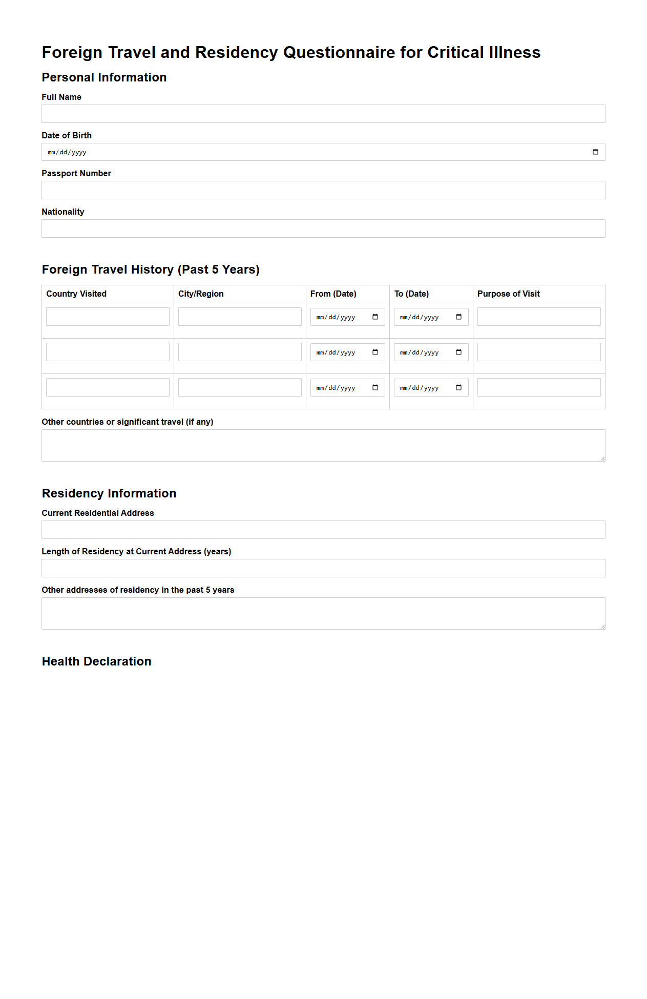 Foreign Travel and Residency Questionnaire for Critical Illness