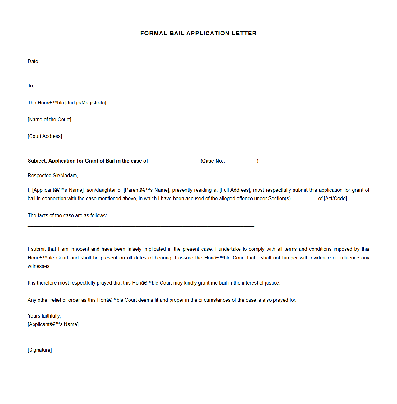 Formal Bail Application Letter Template