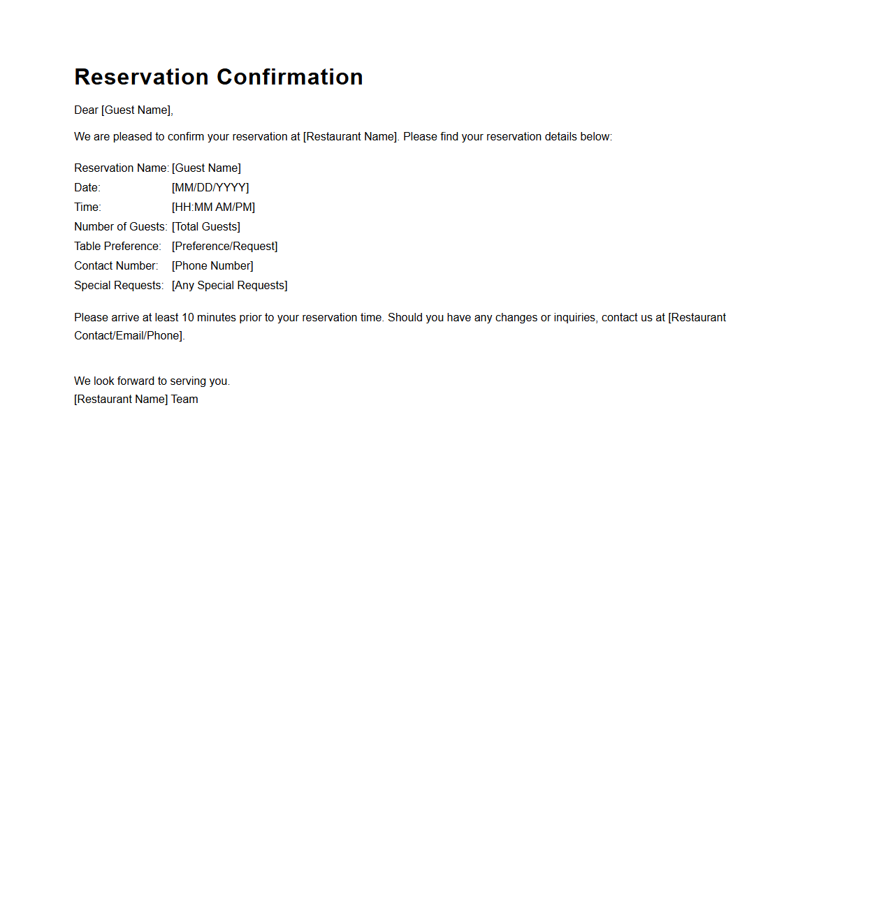 Formal Restaurant Reservation Confirmation Notice