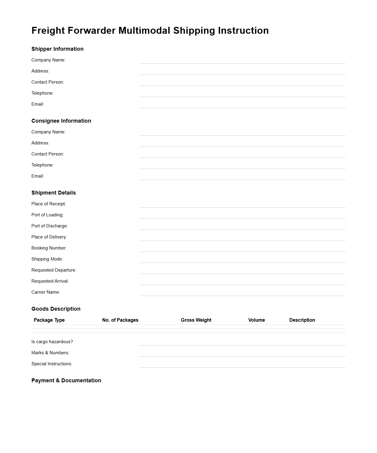 Freight Forwarder Multimodal Shipping Instruction Example
