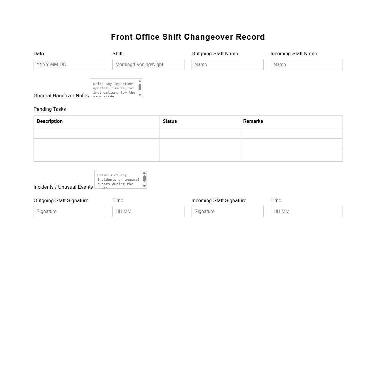 Front Office Shift Changeover Record