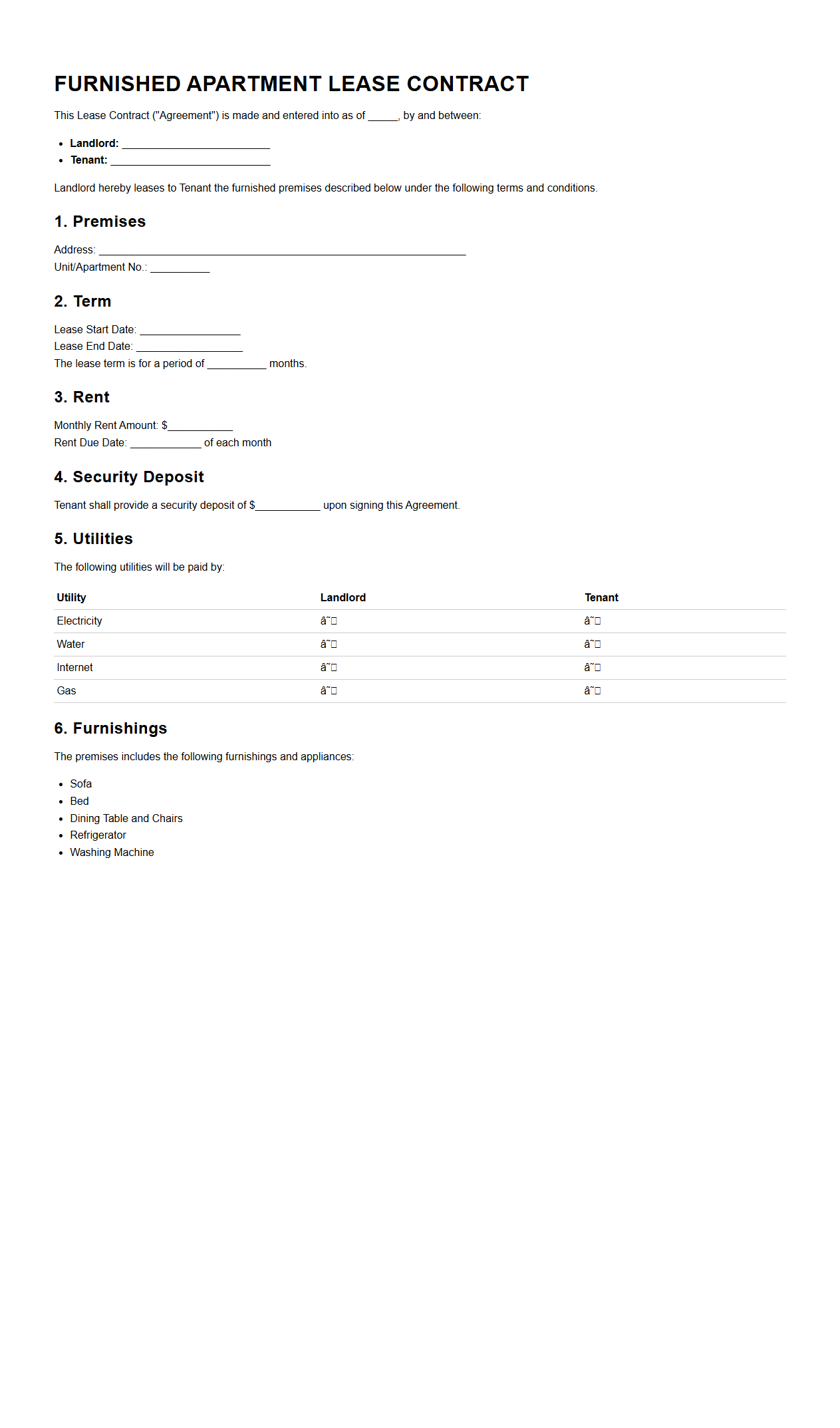 Furnished Apartment Lease Contract Example