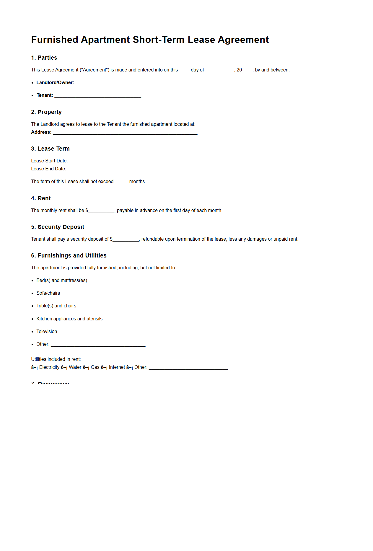 Furnished Apartment Short-Term Lease Sample