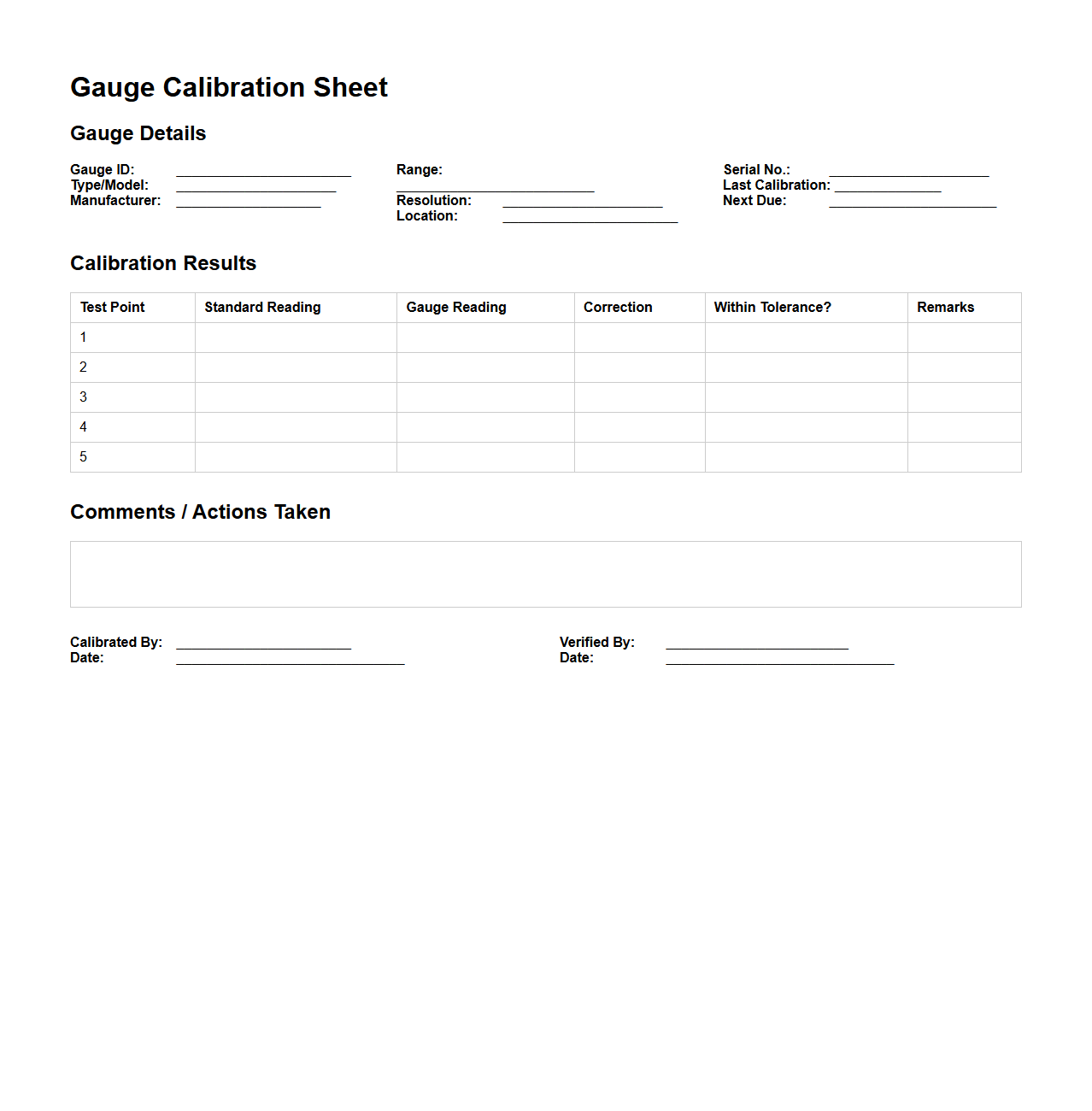 Gauge Calibration Sheet Example for Industrial Applications