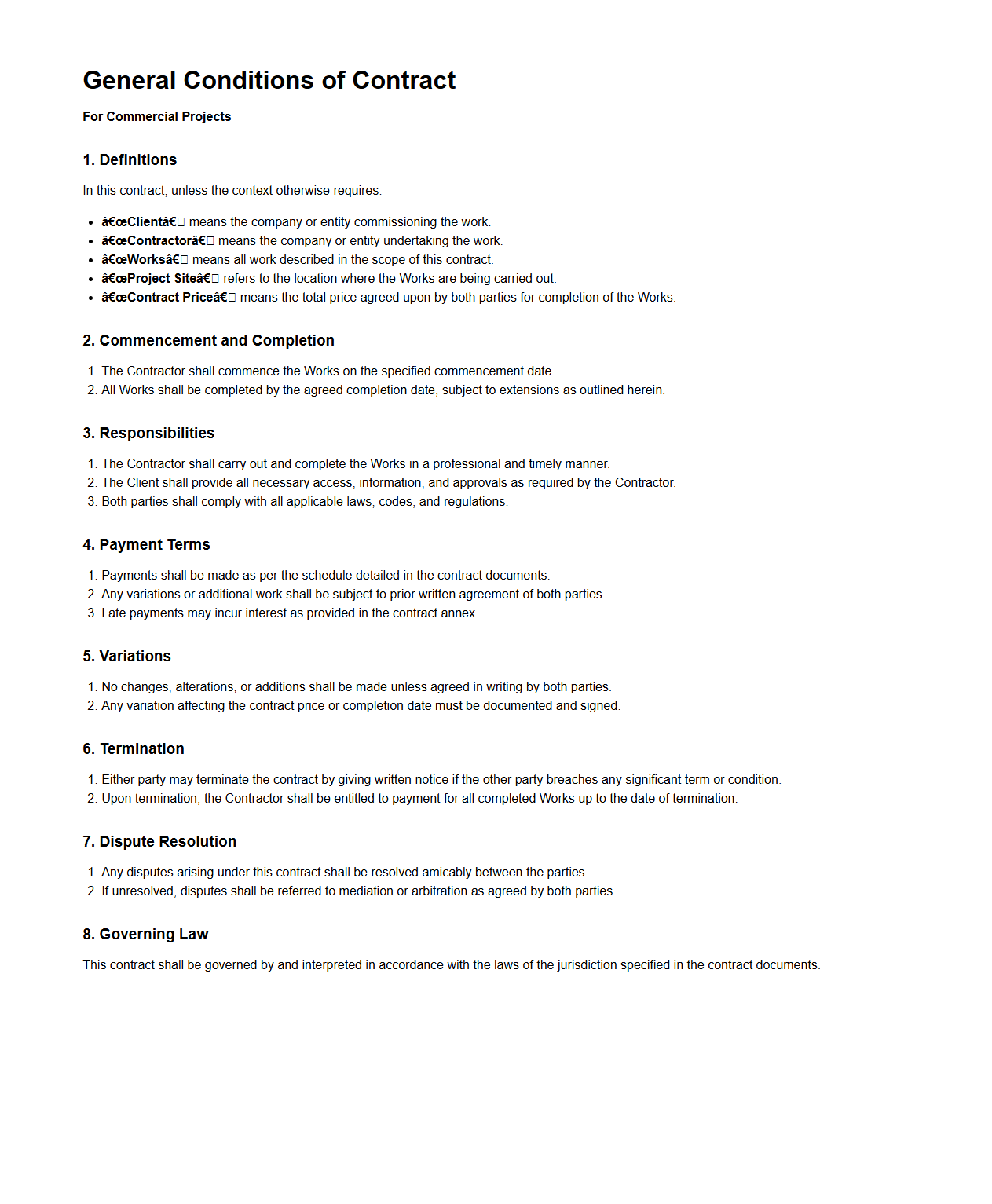 General Conditions of Contract Sample for Commercial Projects