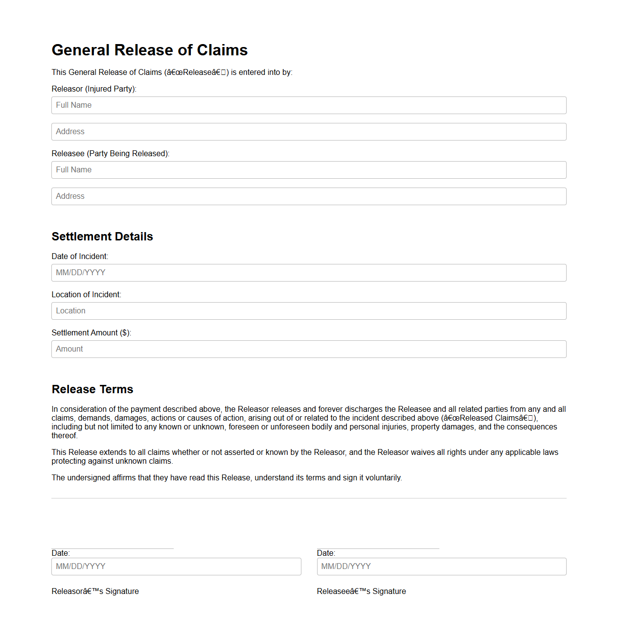General Release of Claims Form for Personal Injury Settlement