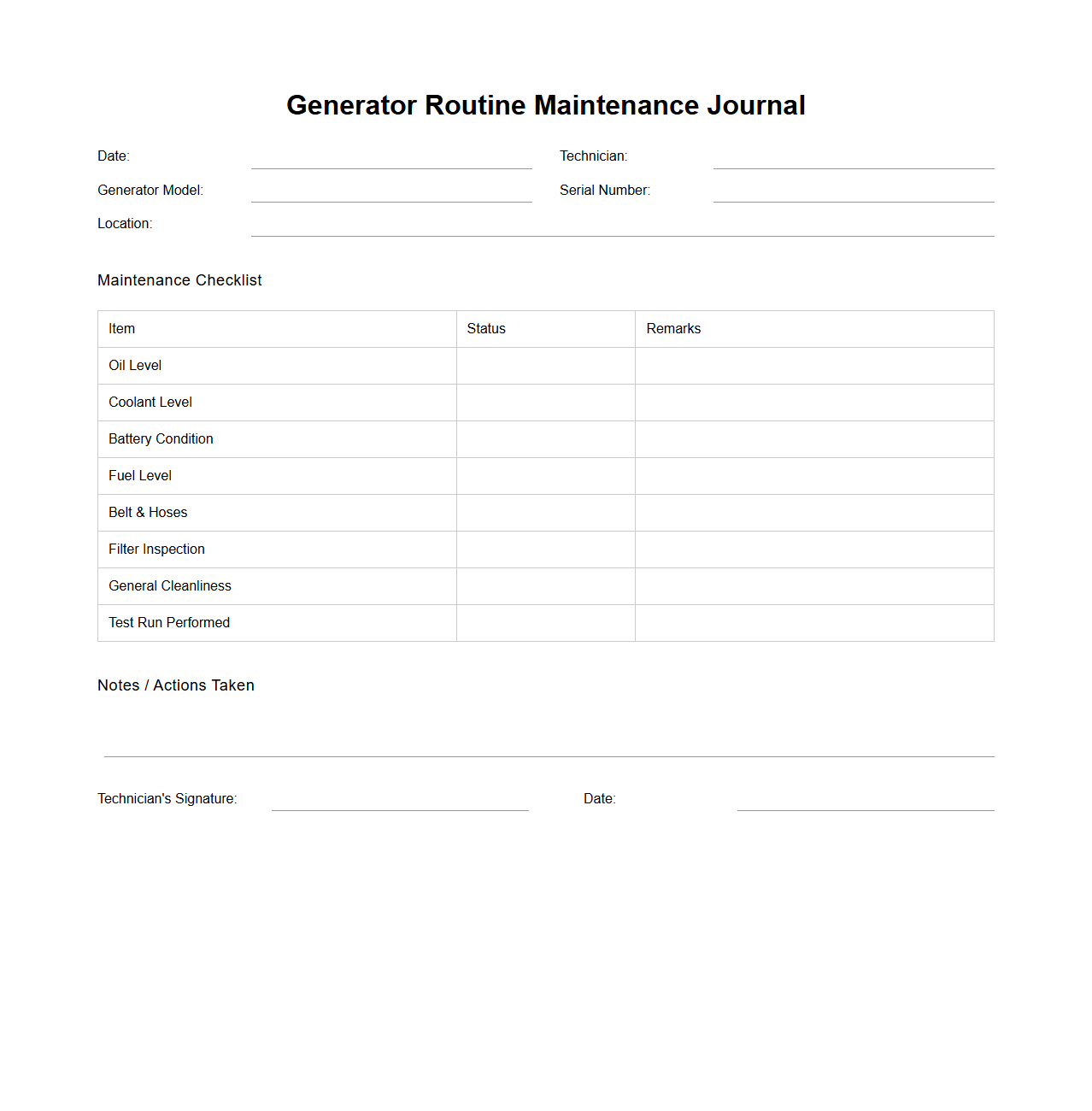 Generator Routine Maintenance Journal