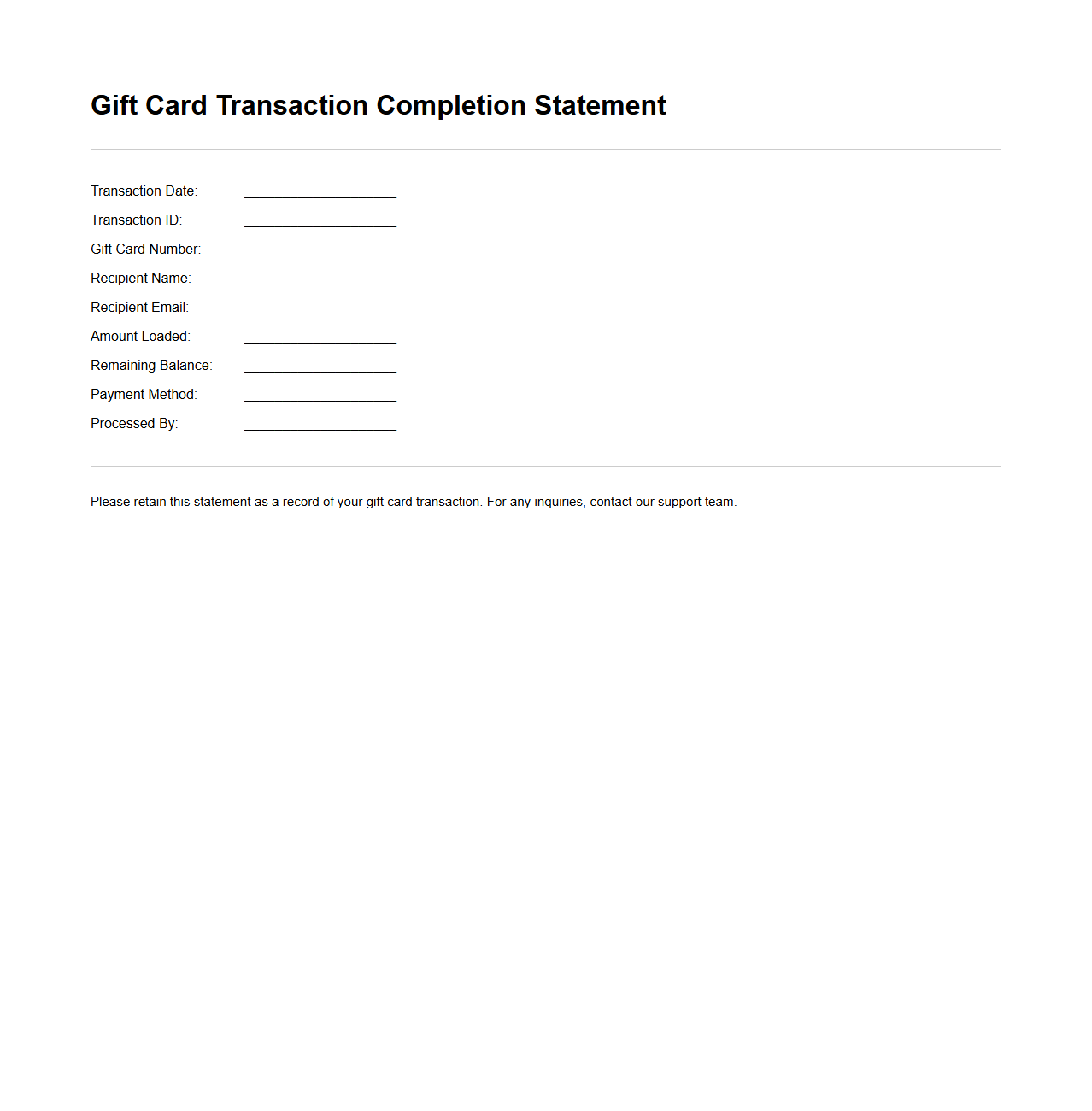 Gift Card Transaction Completion Statement