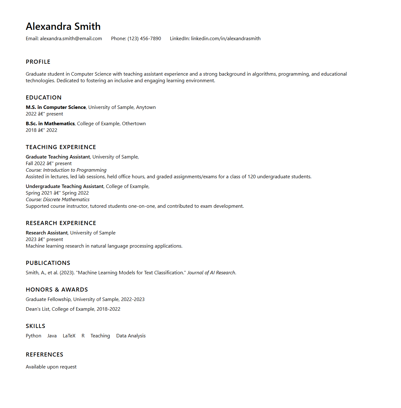 Graduate Teaching Assistant Academic CV