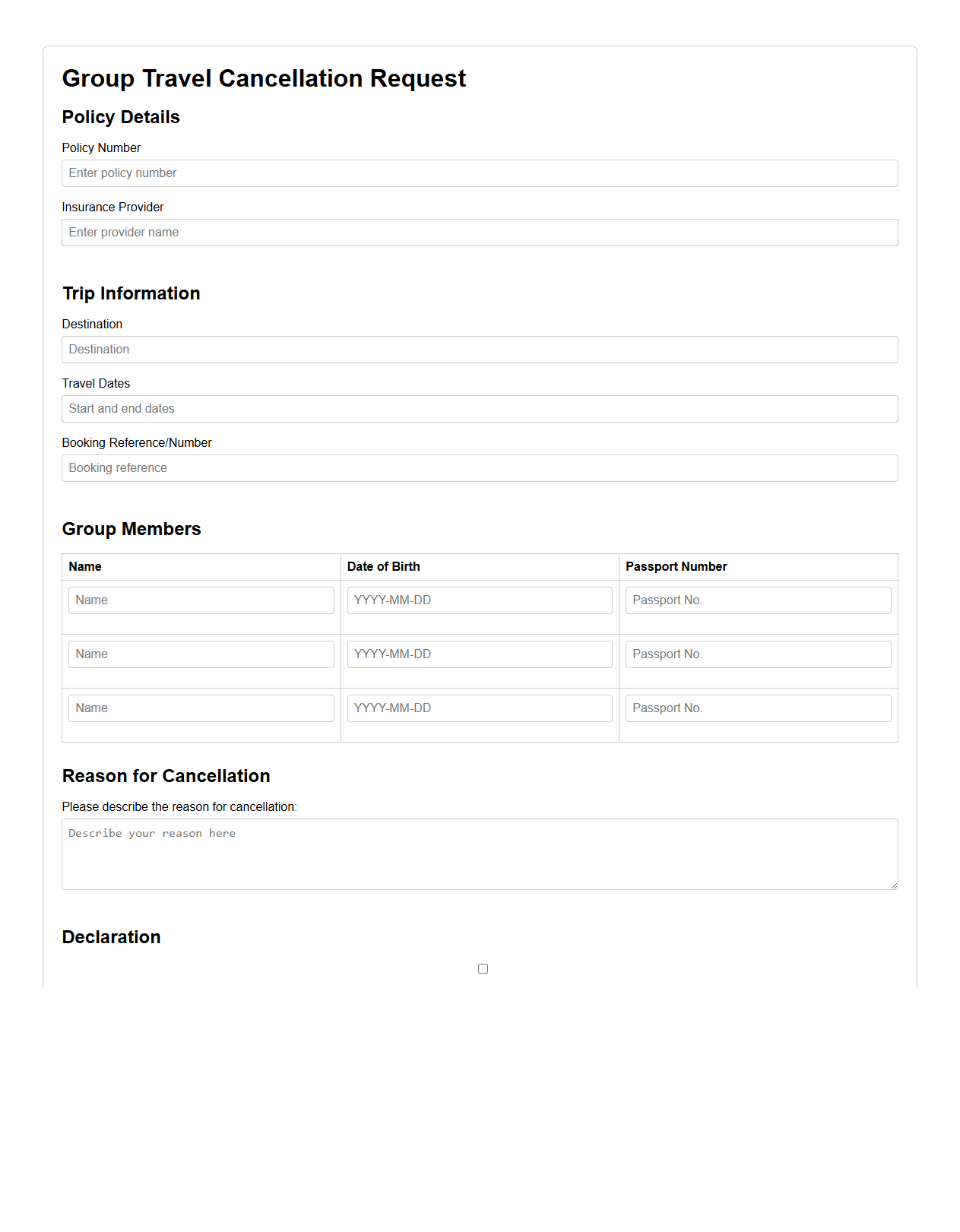 Group Travel Cancellation Request Example for Insurance Claims