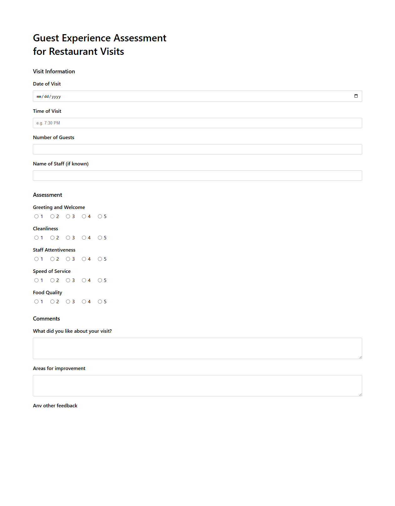 Guest Experience Assessment for Restaurant Visits