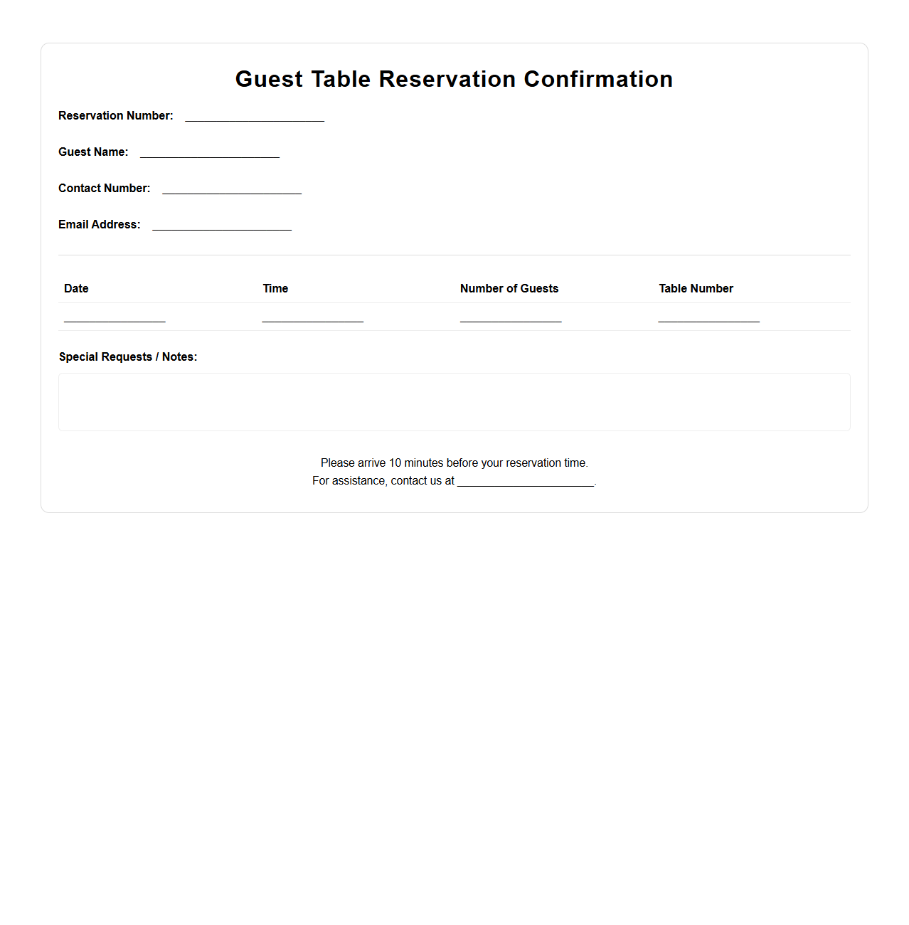 Guest Table Reservation Confirmation Document