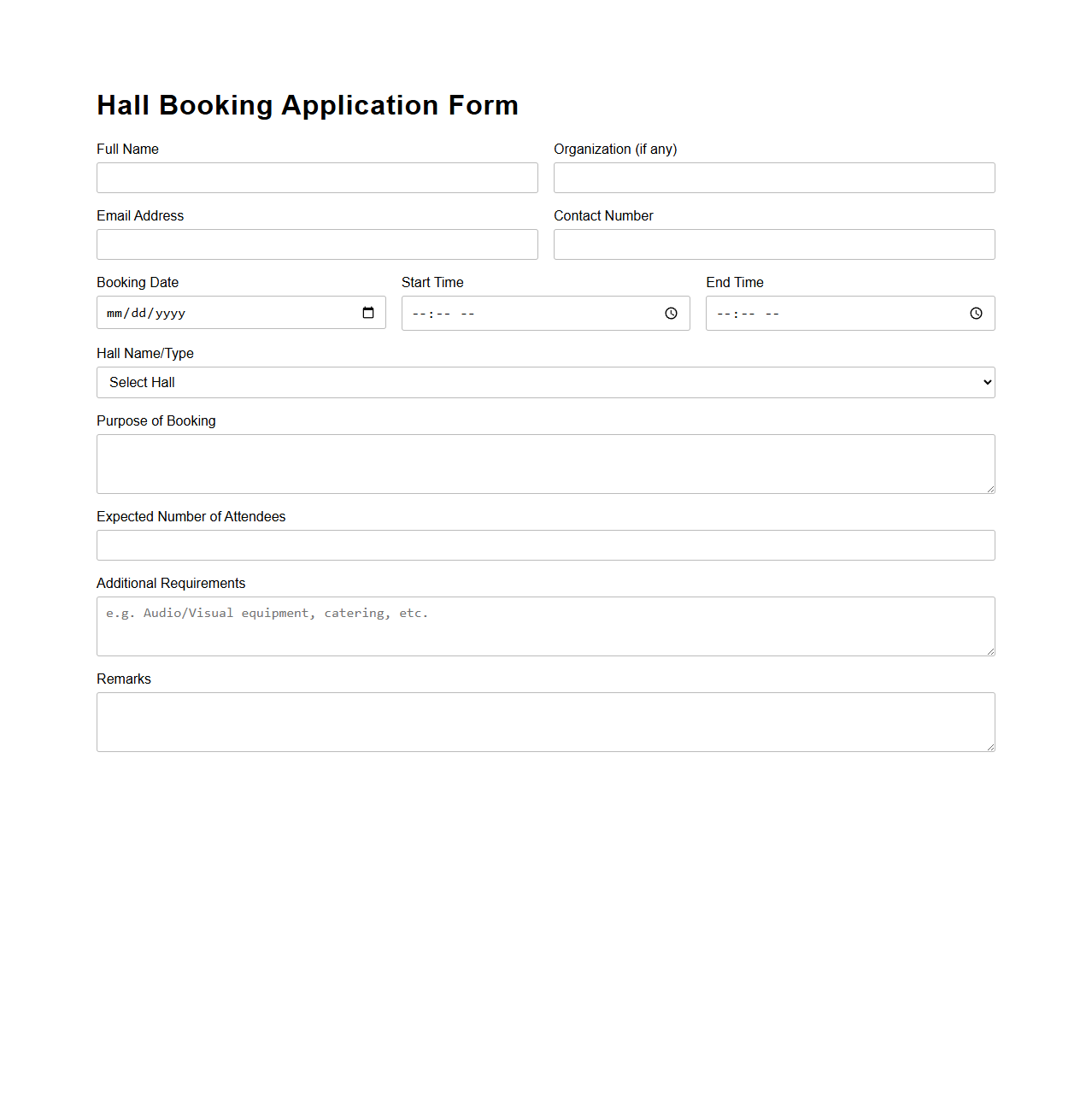 Hall Booking Application Form Sample