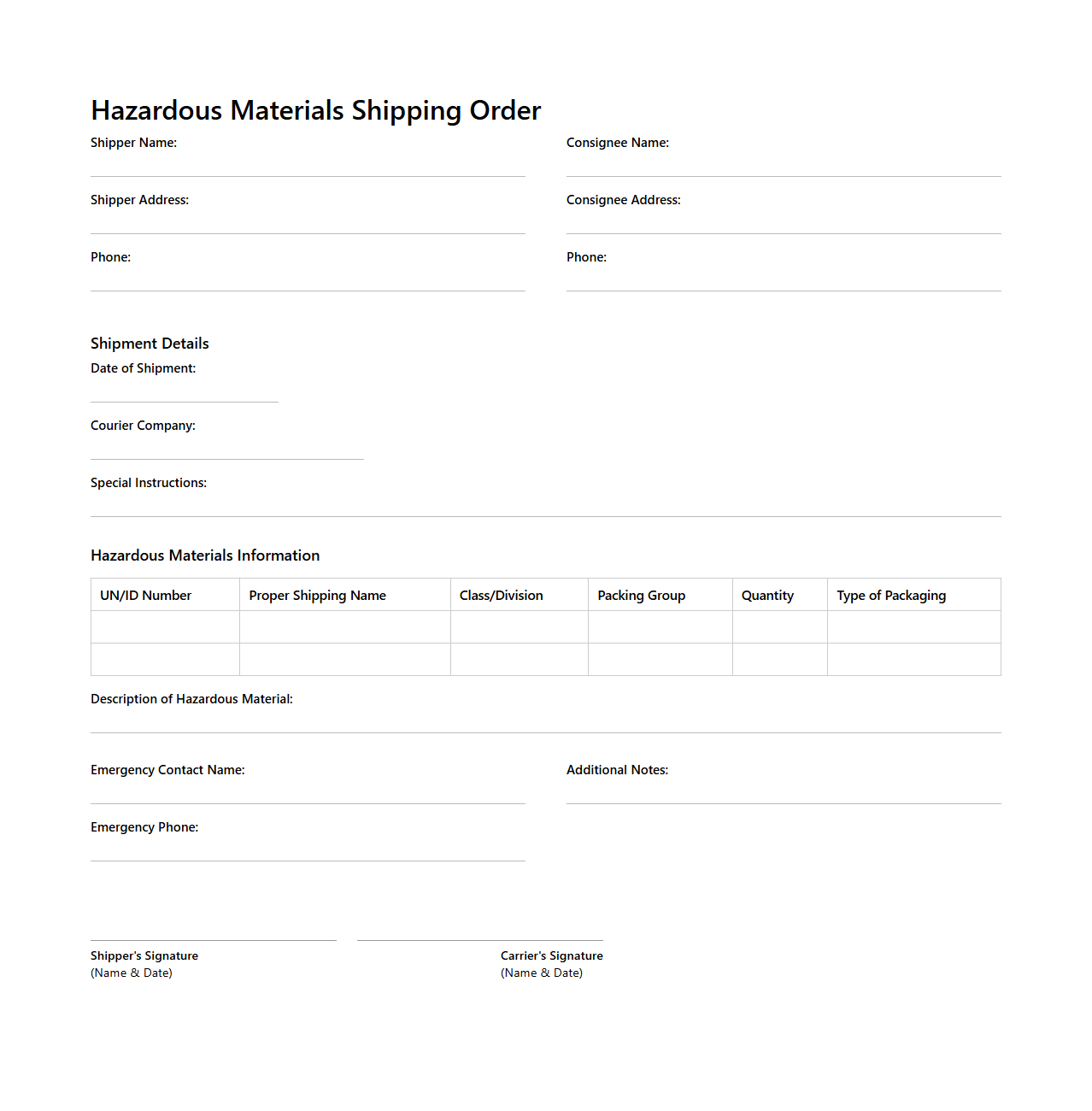 Hazardous Materials Shipping Order Sample for Specialized Couriers