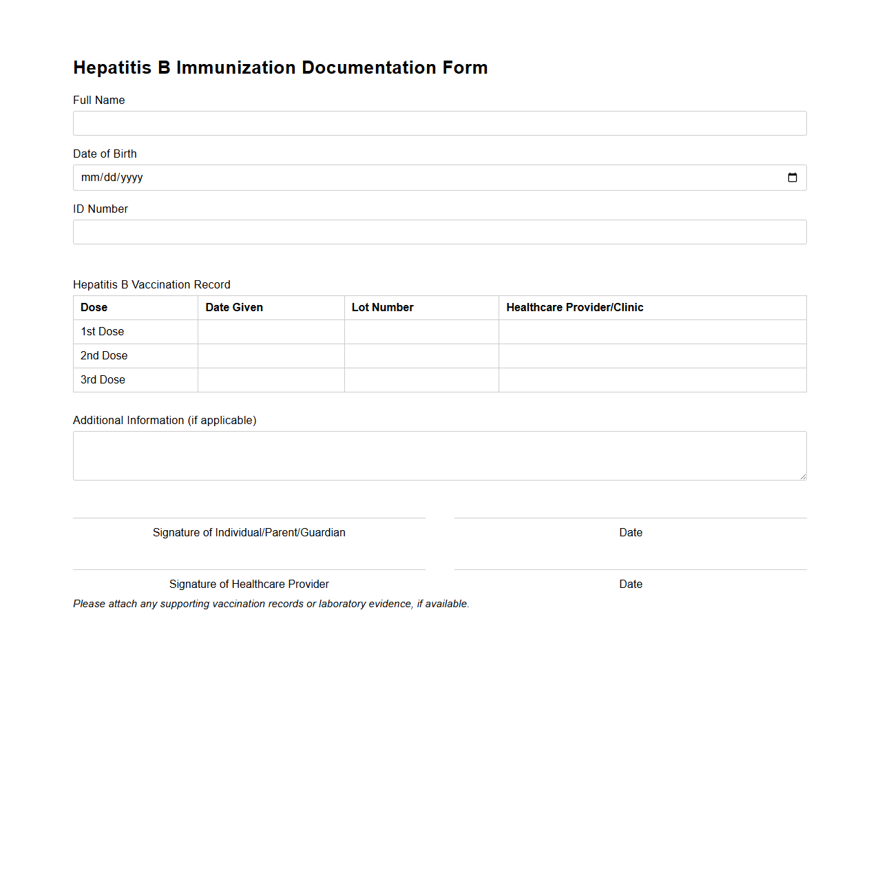 Hepatitis B Immunization Documentation Form