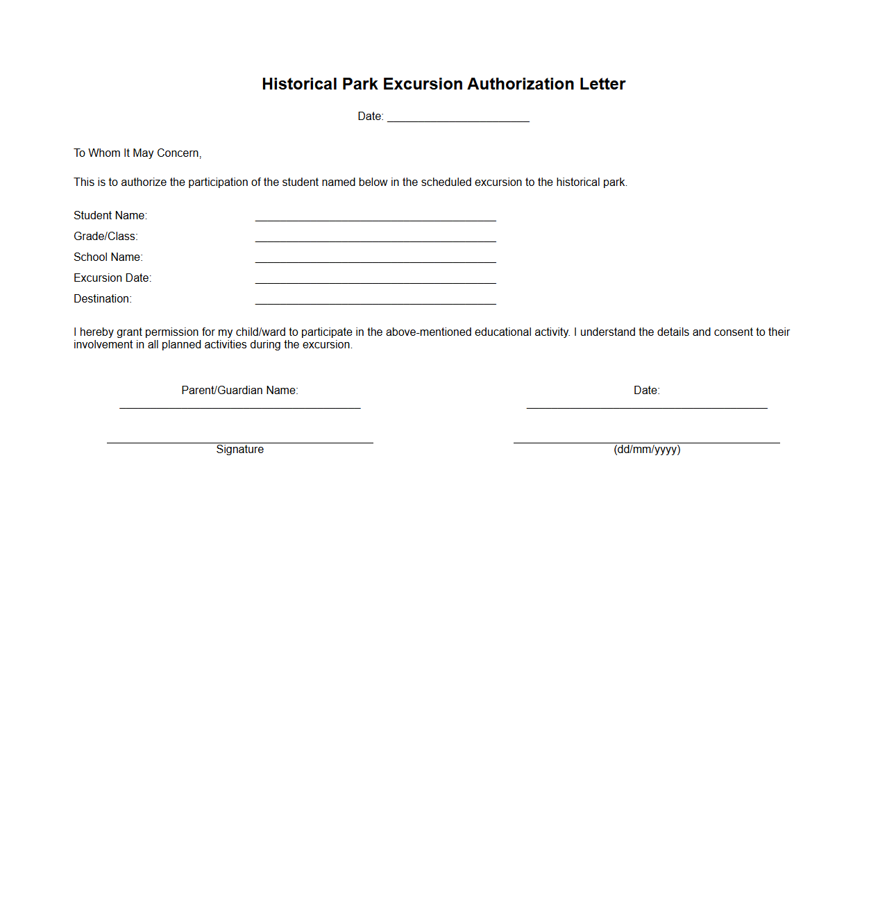 Historical Park Excursion Authorization Letter Sample