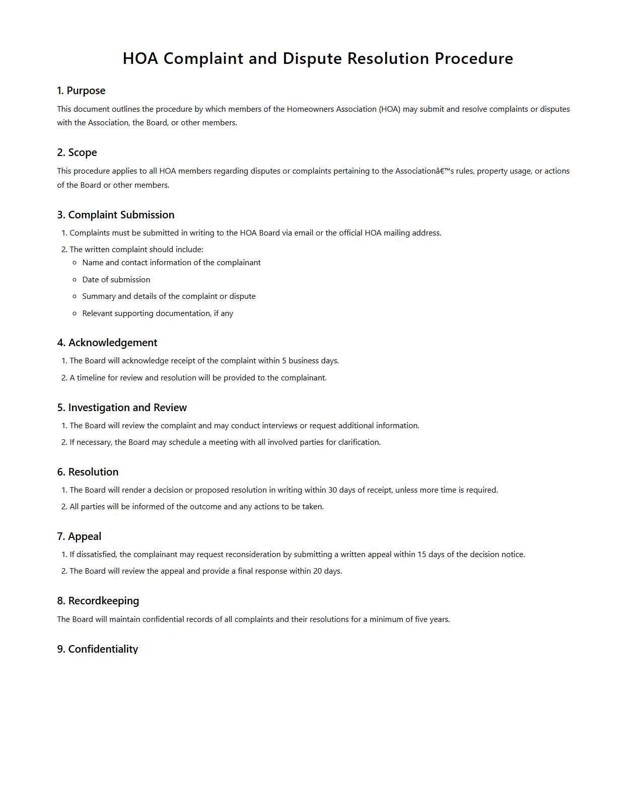 HOA Complaint and Dispute Resolution Procedure