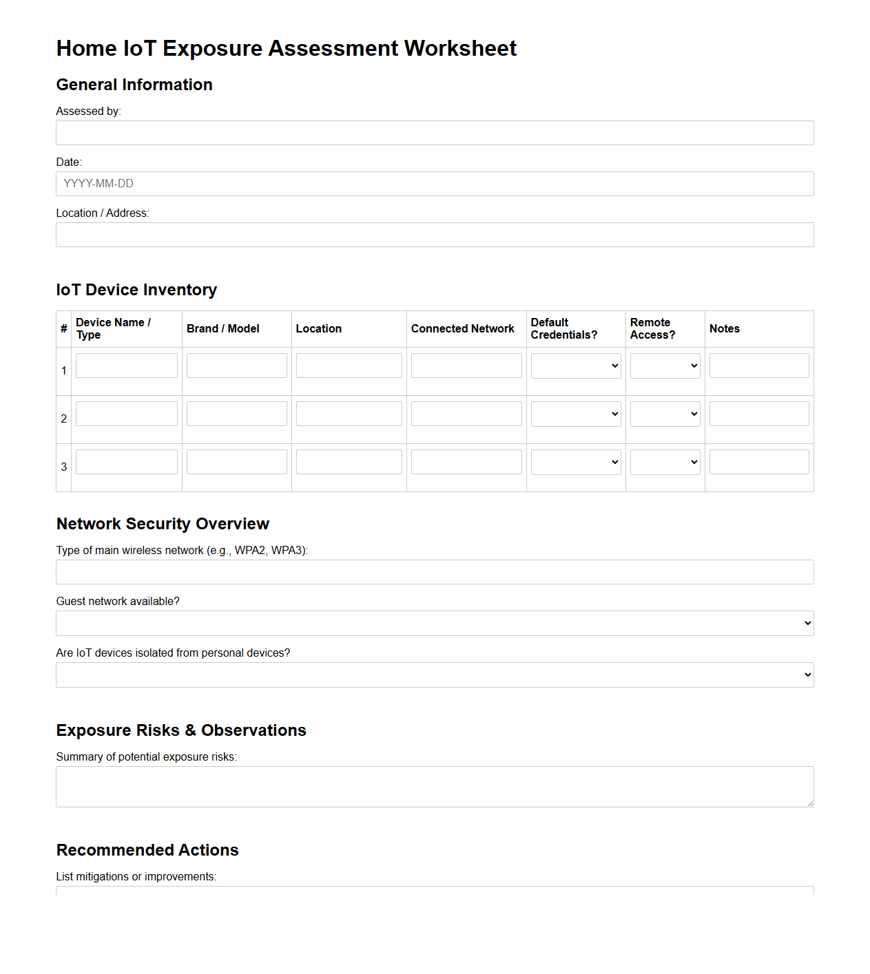 Home IoT Exposure Assessment Worksheet
