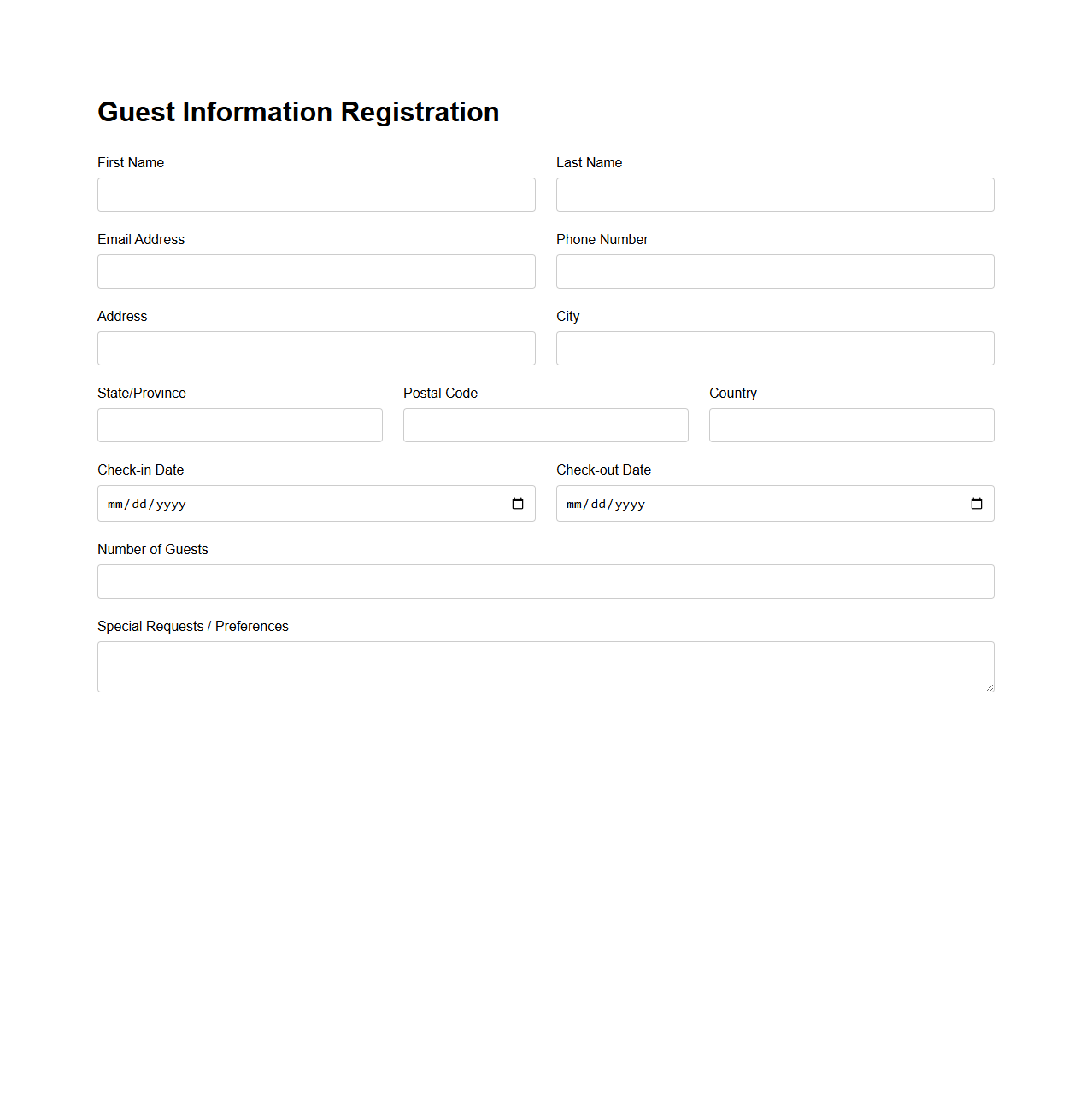 Hospitality Guest Information Registration Sample