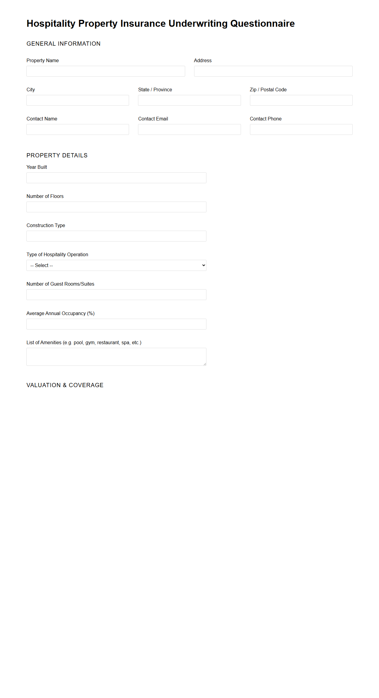 Hospitality Property Insurance Underwriting Questionnaire