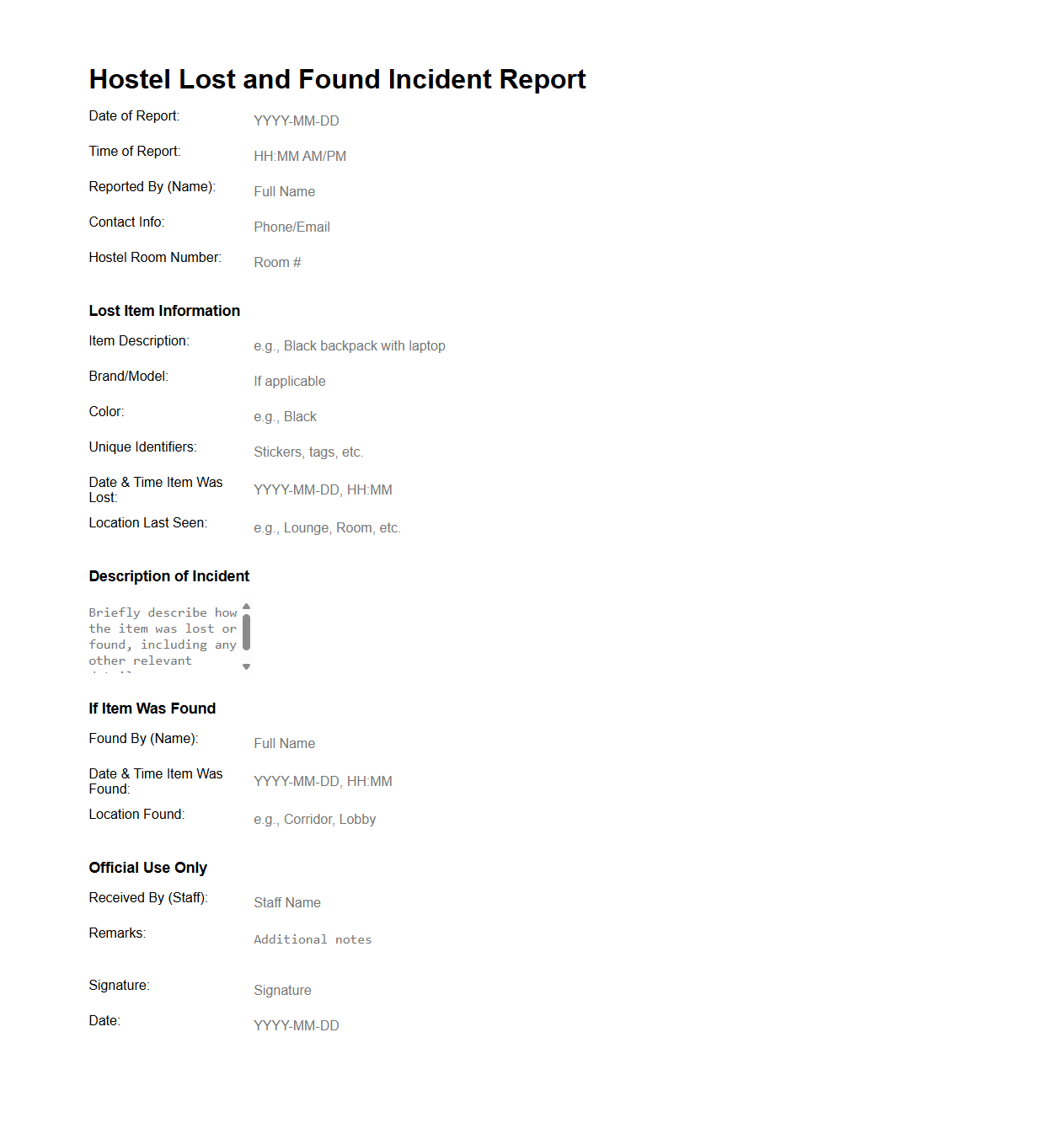 Hostel Lost and Found Incident Report Example
