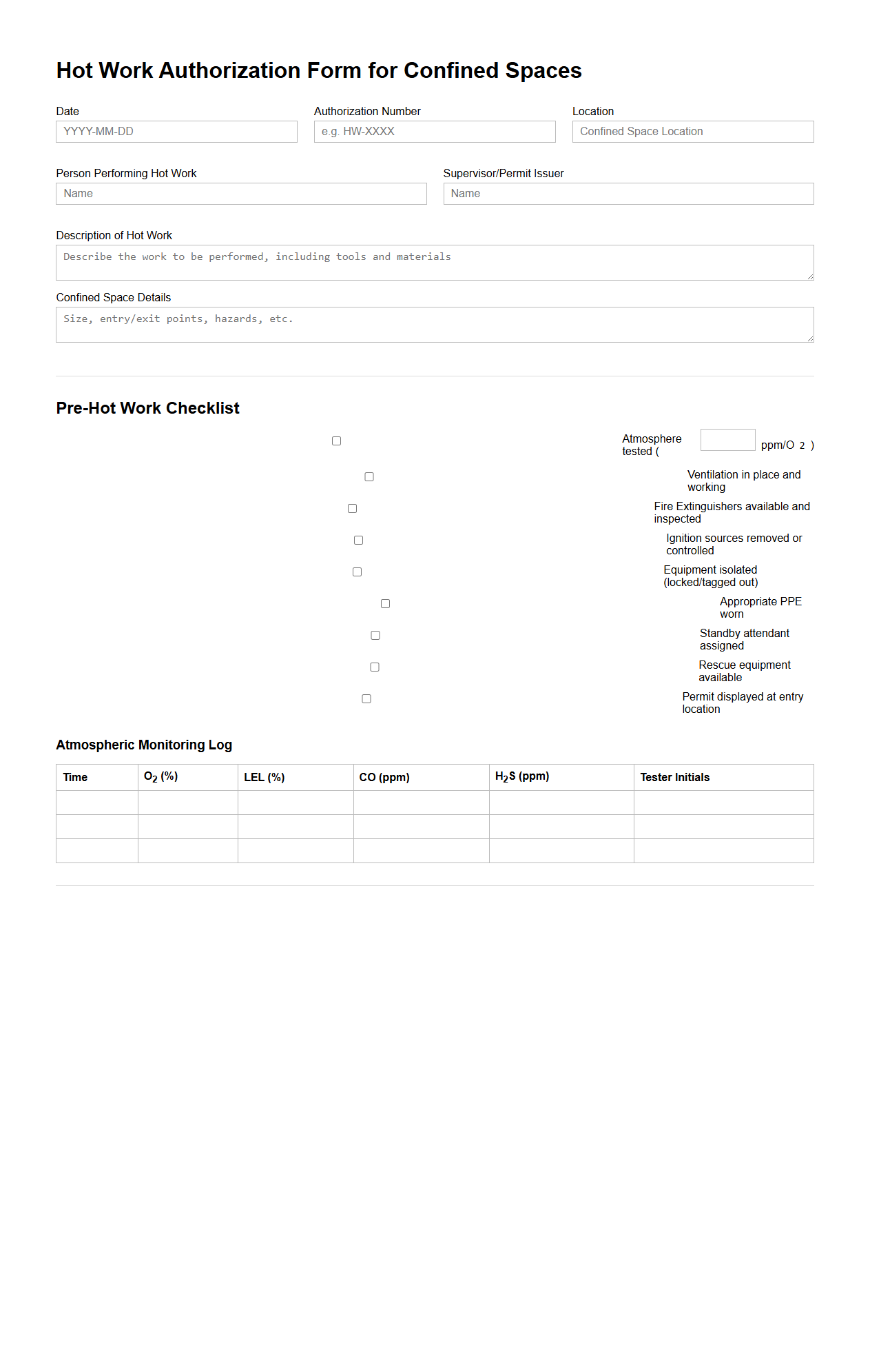 Hot Work Authorization Form for Confined Spaces