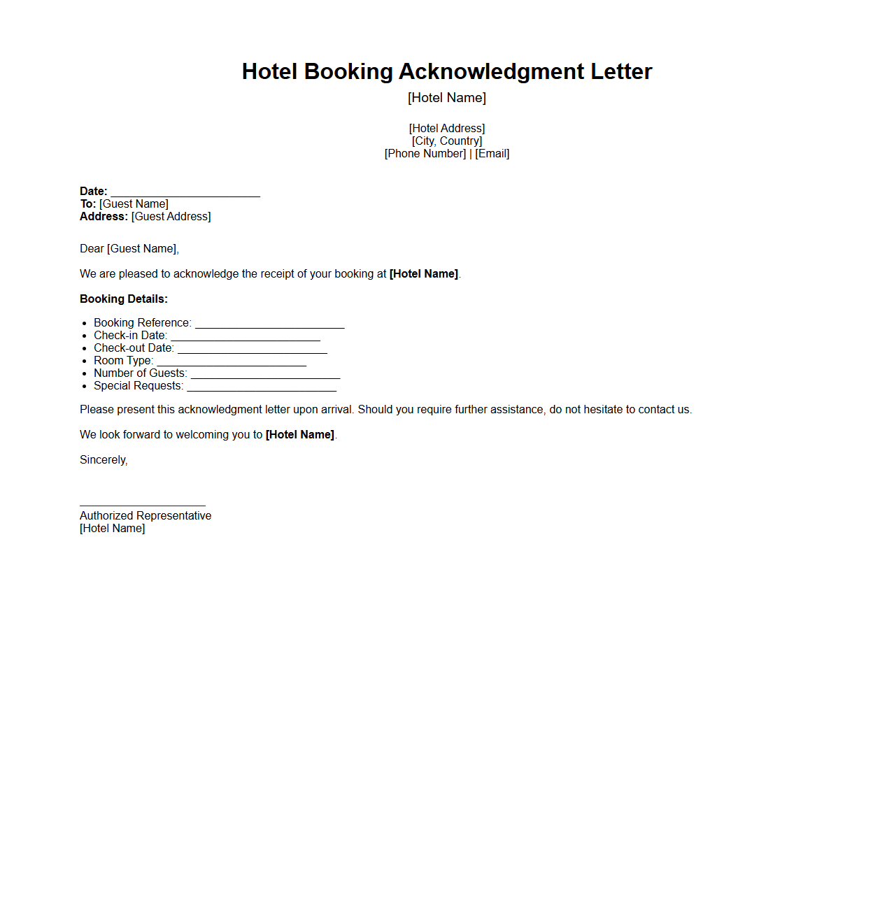 Hotel Booking Acknowledgment Letter