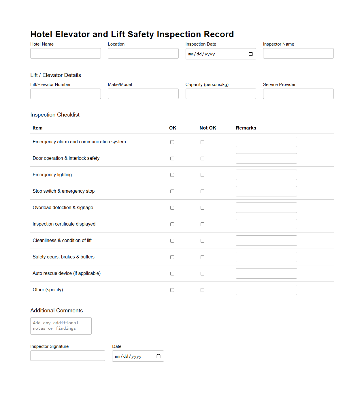 Hotel Elevator and Lift Safety Inspection Record