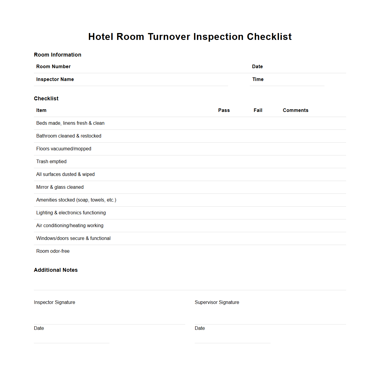 Hotel Room Turnover Inspection Checklist
