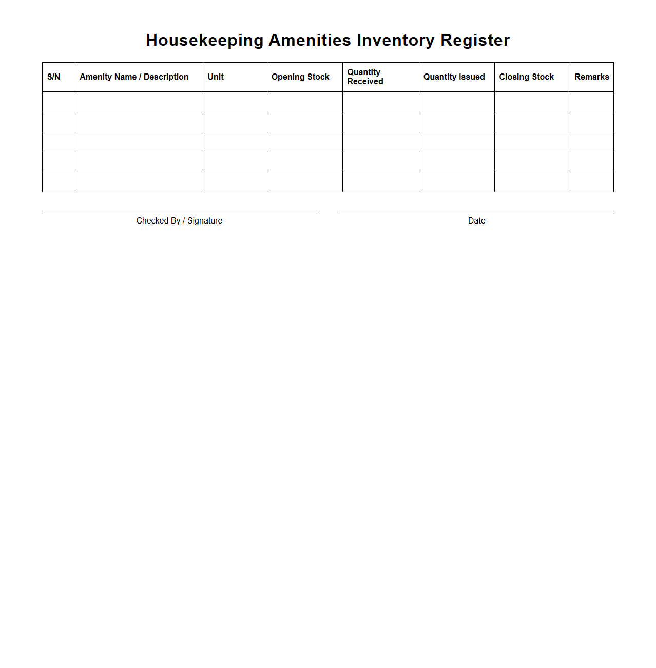 Housekeeping Amenities Inventory Register