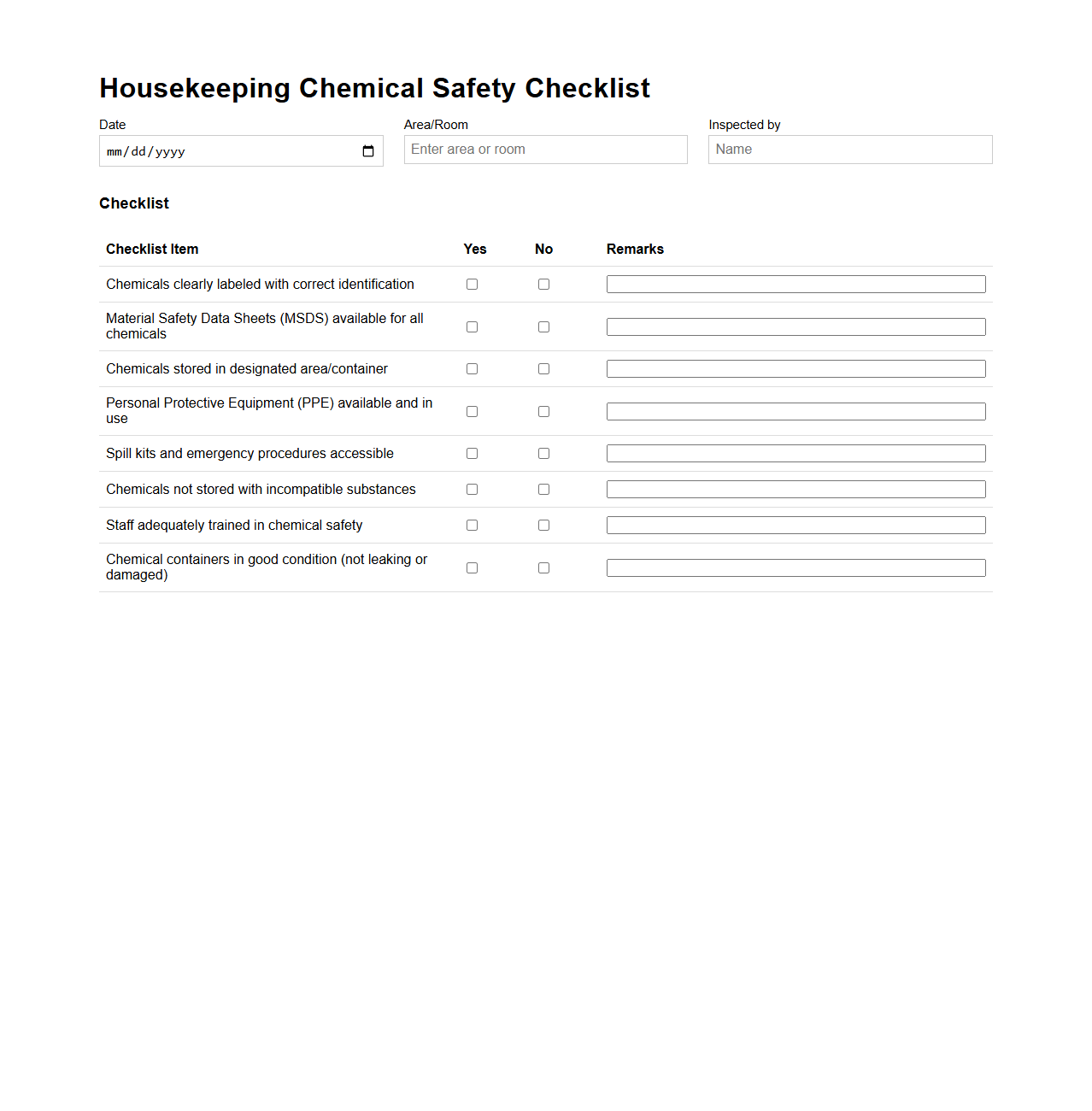 Housekeeping Chemical Safety Checklist